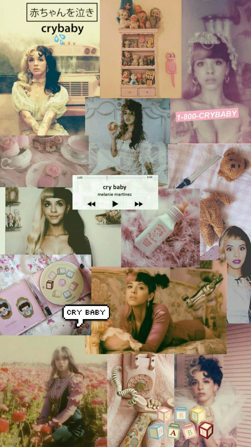 Melanie Martinez 拼貼畫，包含公仔、玩具和粉紅色復古物品。 — 粉紅色心形動圖 壁紙