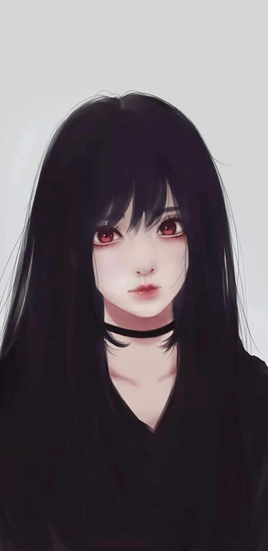 黑髮紅眼的動漫女孩戴著黑色頸圈。