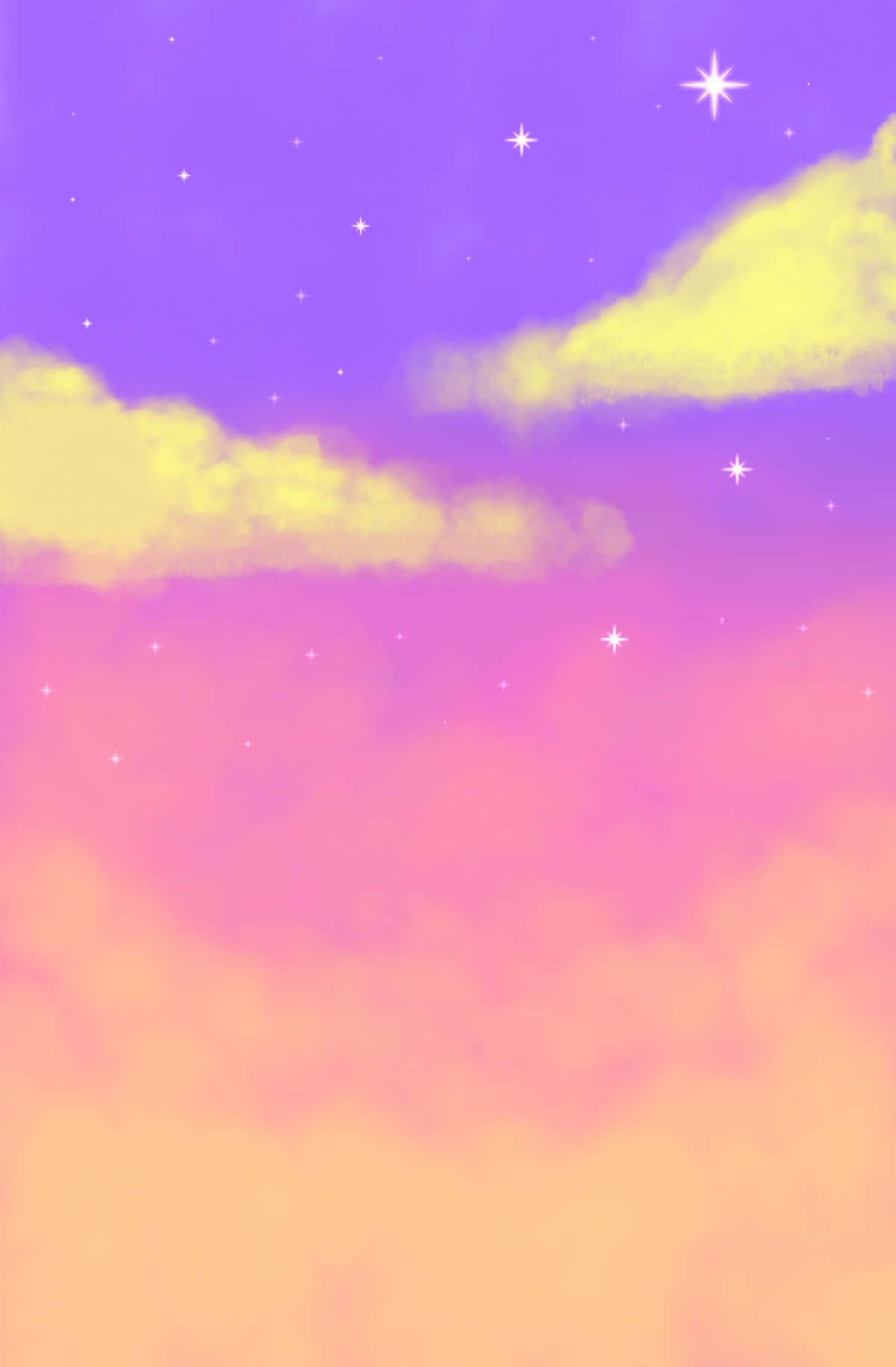夢幻粉紫星空個人頭像背景 壁紙 — 夢幻的粉彩天空，閃爍的星星和柔和的黃色雲朵融入紫色和粉紅色的色調中。
