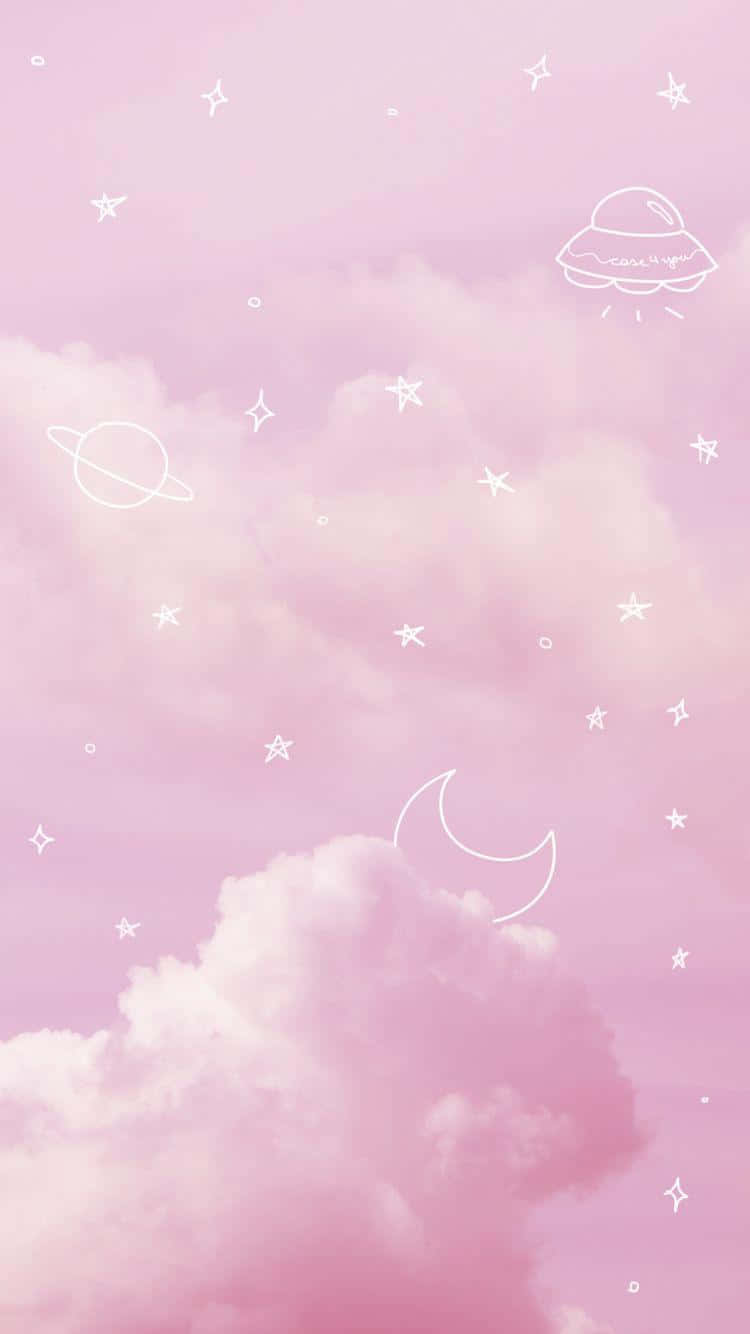 夢幻粉雲星際個人頭像背景 壁紙 — 柔軟的粉紅雲朵在夢幻的天空下飄浮，天空點綴著白色輪廓的星星、月亮和UFO。