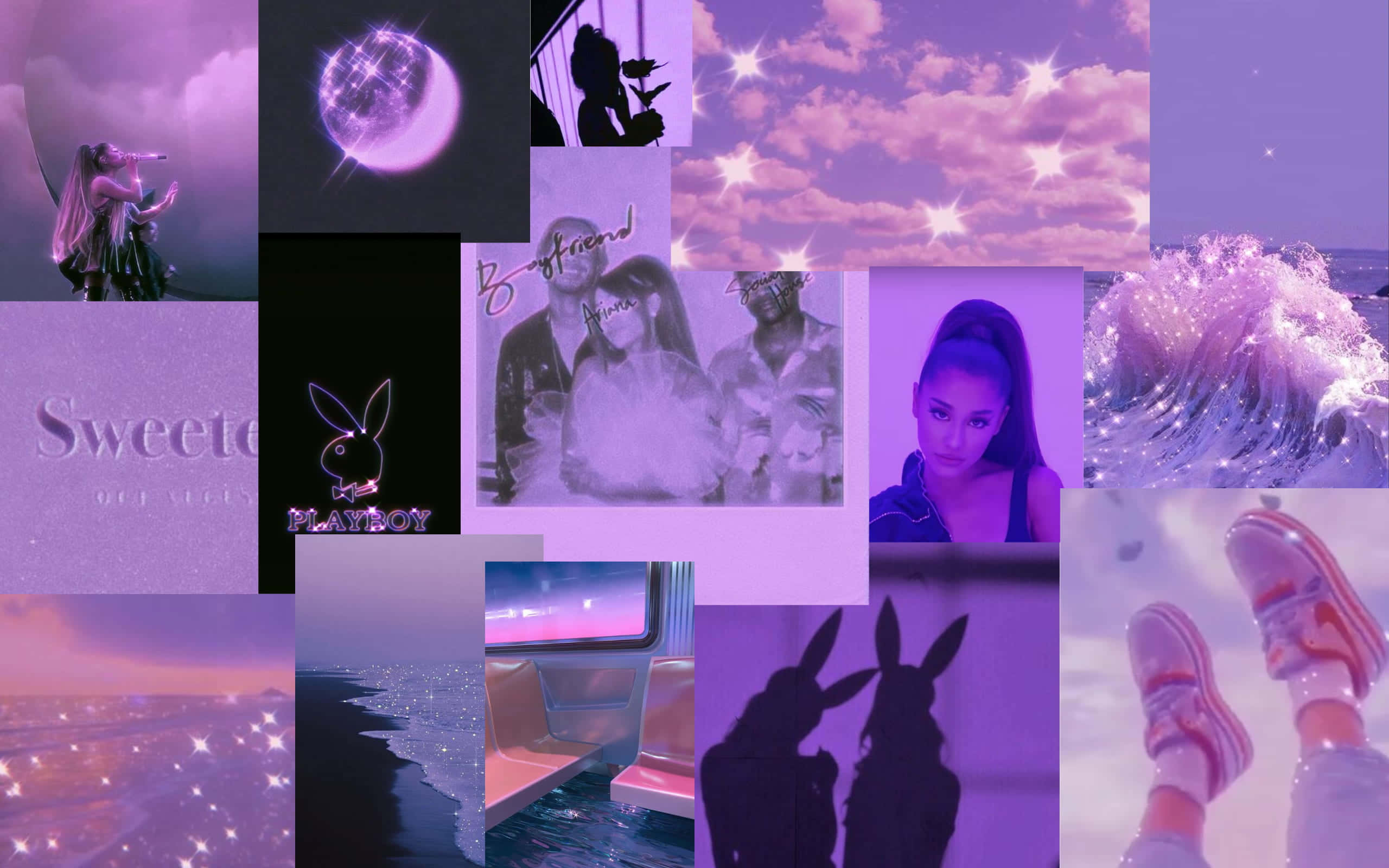 Aesthetic Ariana Grande 桌布 壁紙 — 夢幻紫色調拼貼畫， featuring Ariana Grande、Playboy 品牌、閃爍波浪和浪漫剪影，背景是星空。