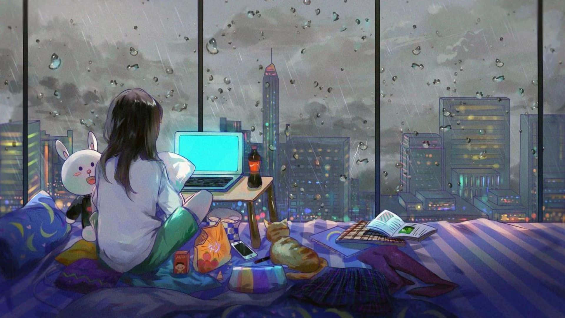 夢幻美學動漫臥室 壁紙 — 一個女孩坐在床上，周圍有零食和手提電腦，凝視著雨痕斑斑的窗戶外閃爍的城市夜景。