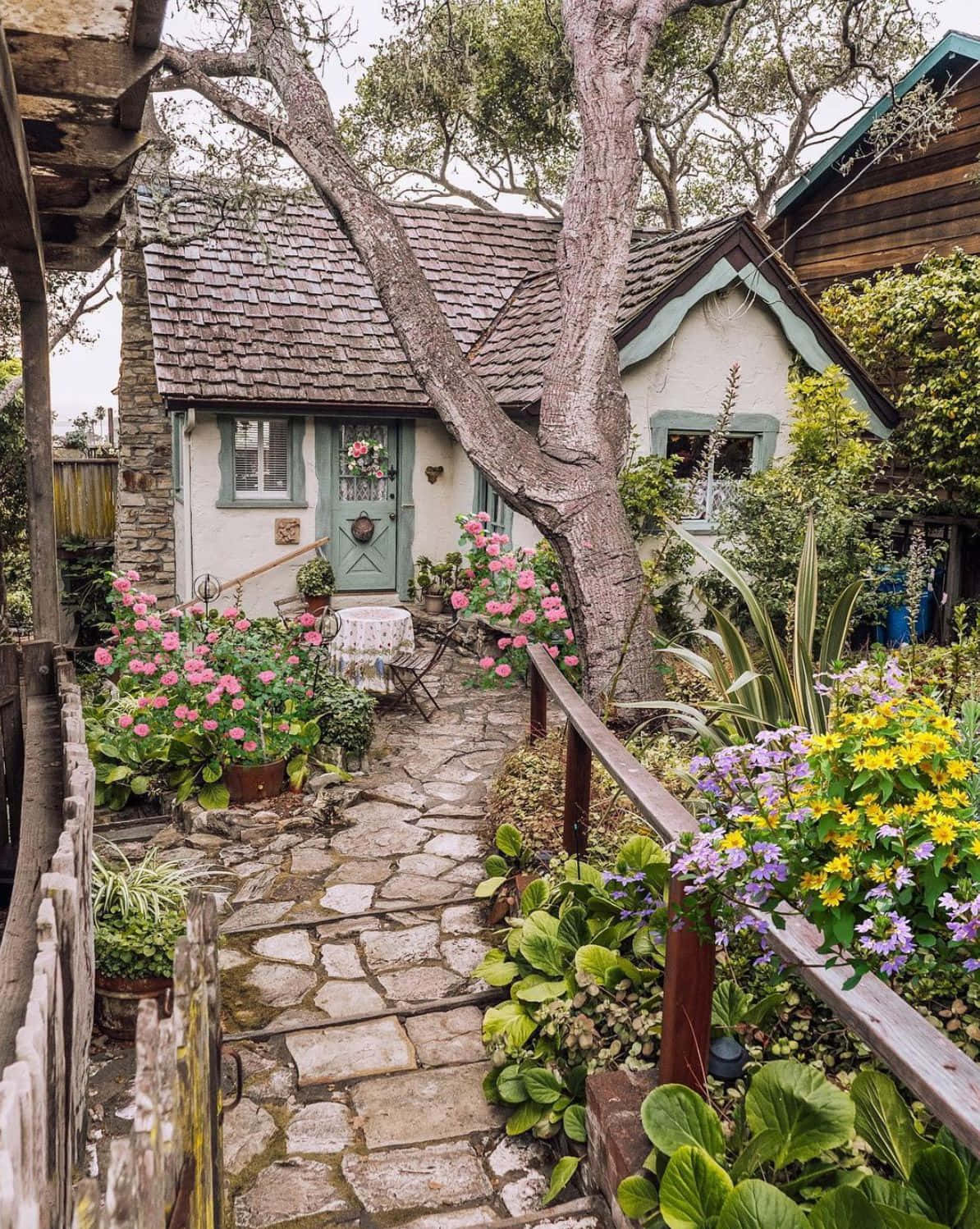 夢幻舒適小屋攝影圖 壁紙 — 一間迷人的石頭小屋，帶有綠色門，坐落在一個充滿活力的花園中，沿著蜿蜒的石徑開滿了粉紅色、紫色和黃色的花朵。