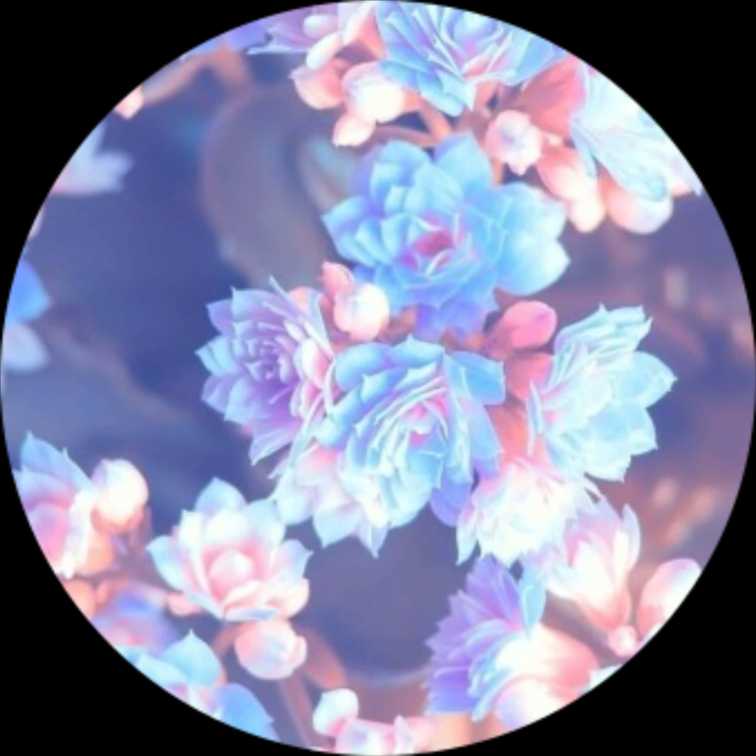 夢幻花卉圓框美學 壁紙 — 一個圓形視角，柔和的藍色和粉紅色花朵在模糊的背景前散發著夢幻般的光芒。