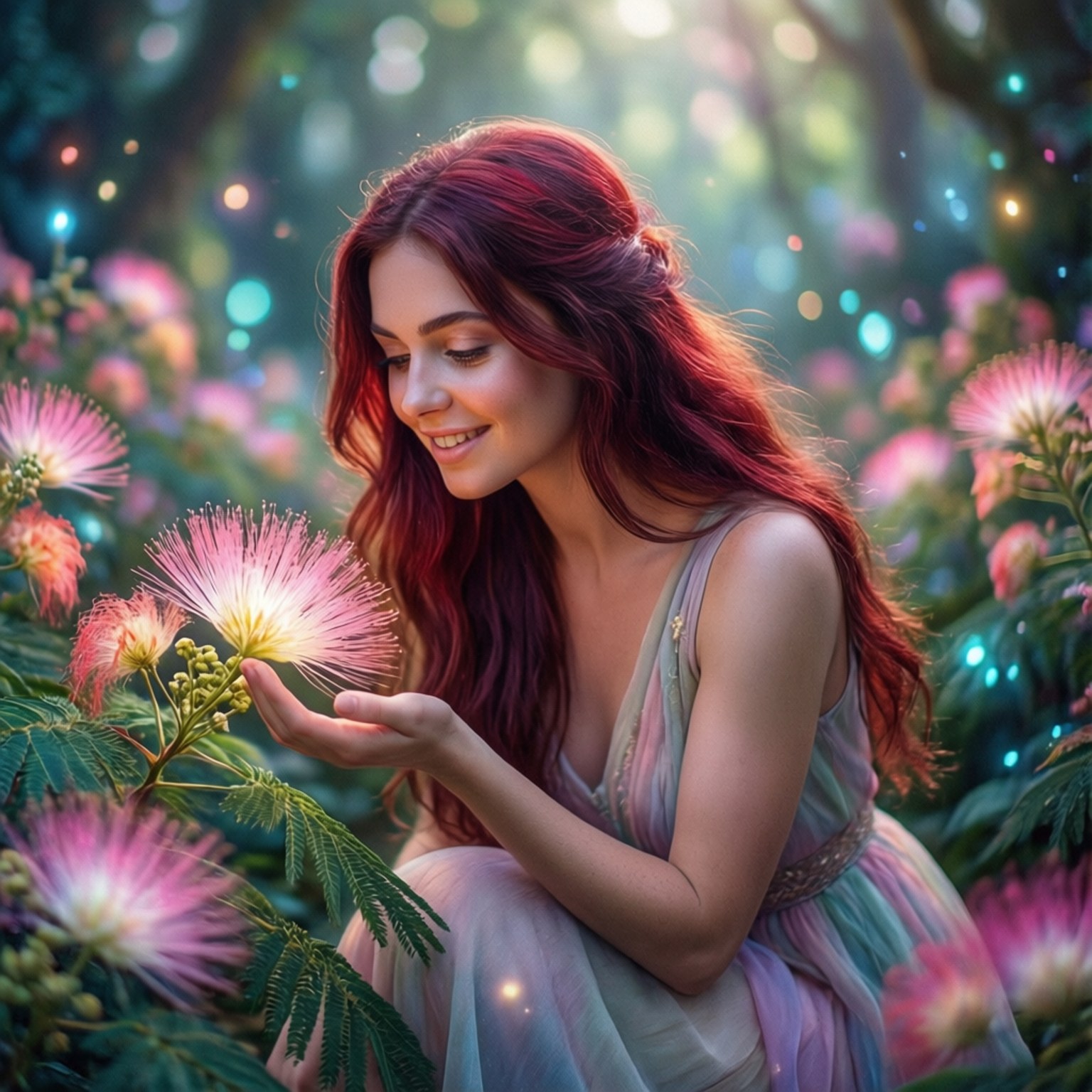 紅髮女性在魔法森林中觸碰發光的粉紅色花朵。