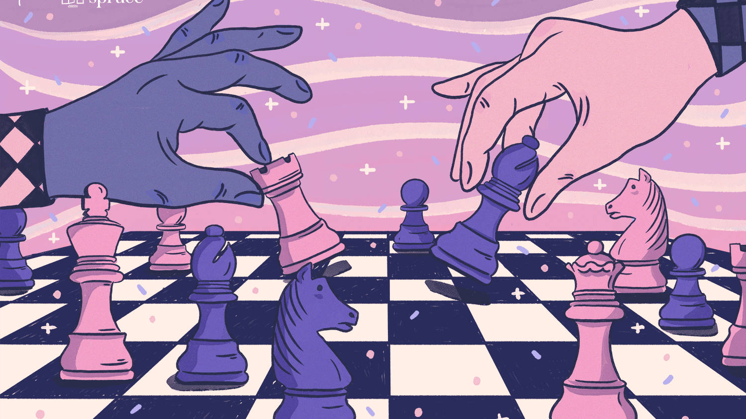 夢幻薰衣草粉棋局 壁紙 — 在夢幻般的紫色星空下，兩隻手伸過棋盤去捕捉對手的棋子。