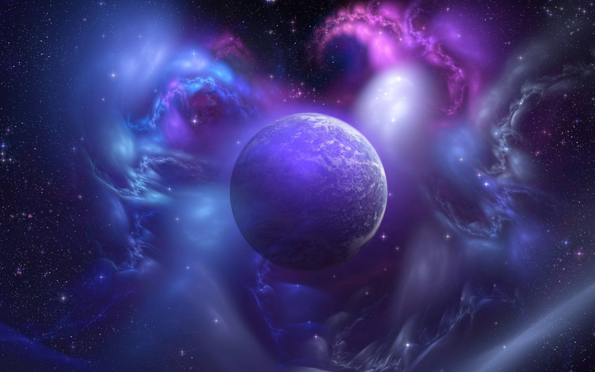 夢幻藍紫星系星球 壁紙 — 一顆發光的紫色行星漂浮在藍色和紫色的漩渦宇宙星雲中，背景是繁星點點的夜空。