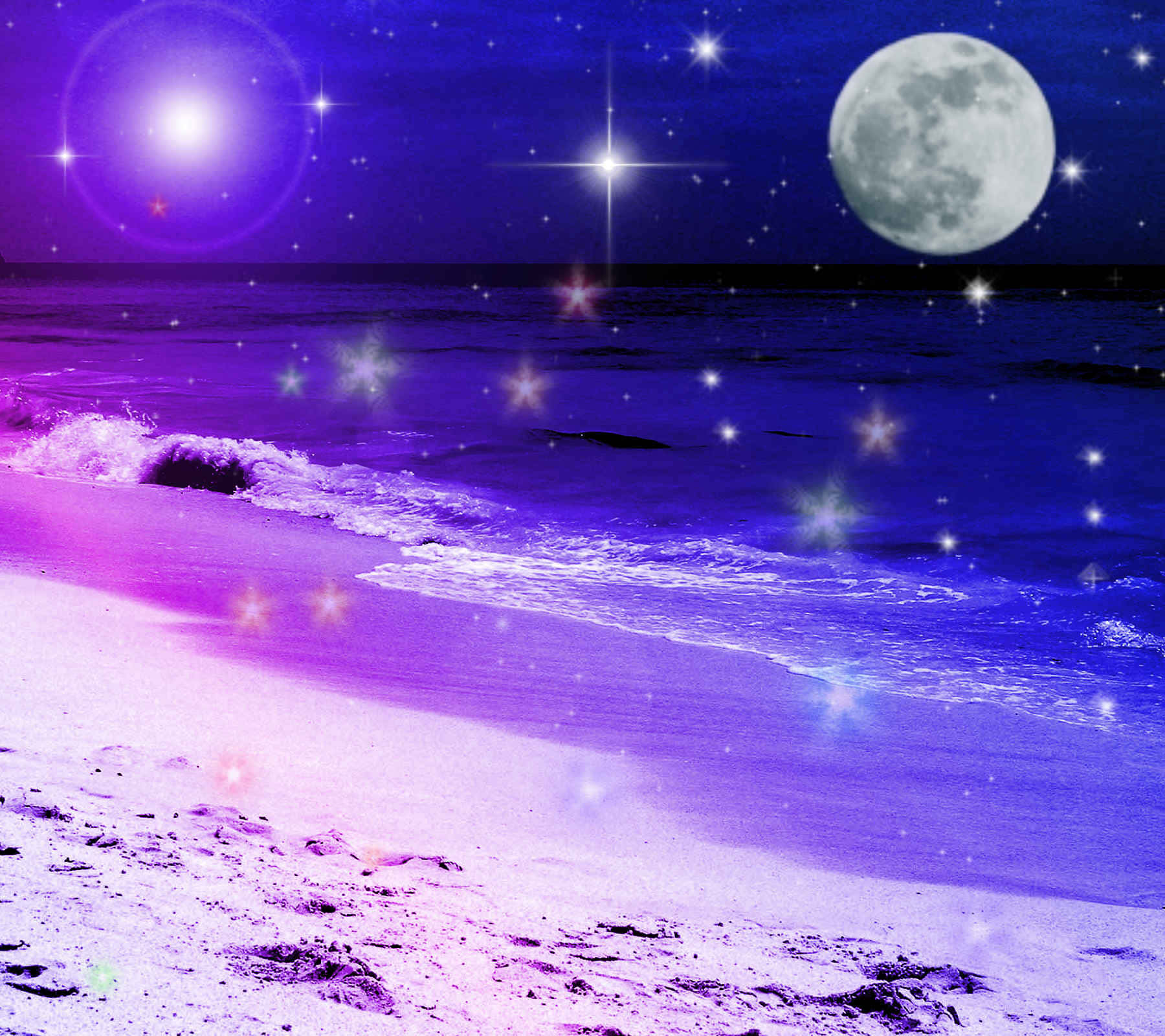 月亮和星星下紫色發光海灘，閃爍的水面