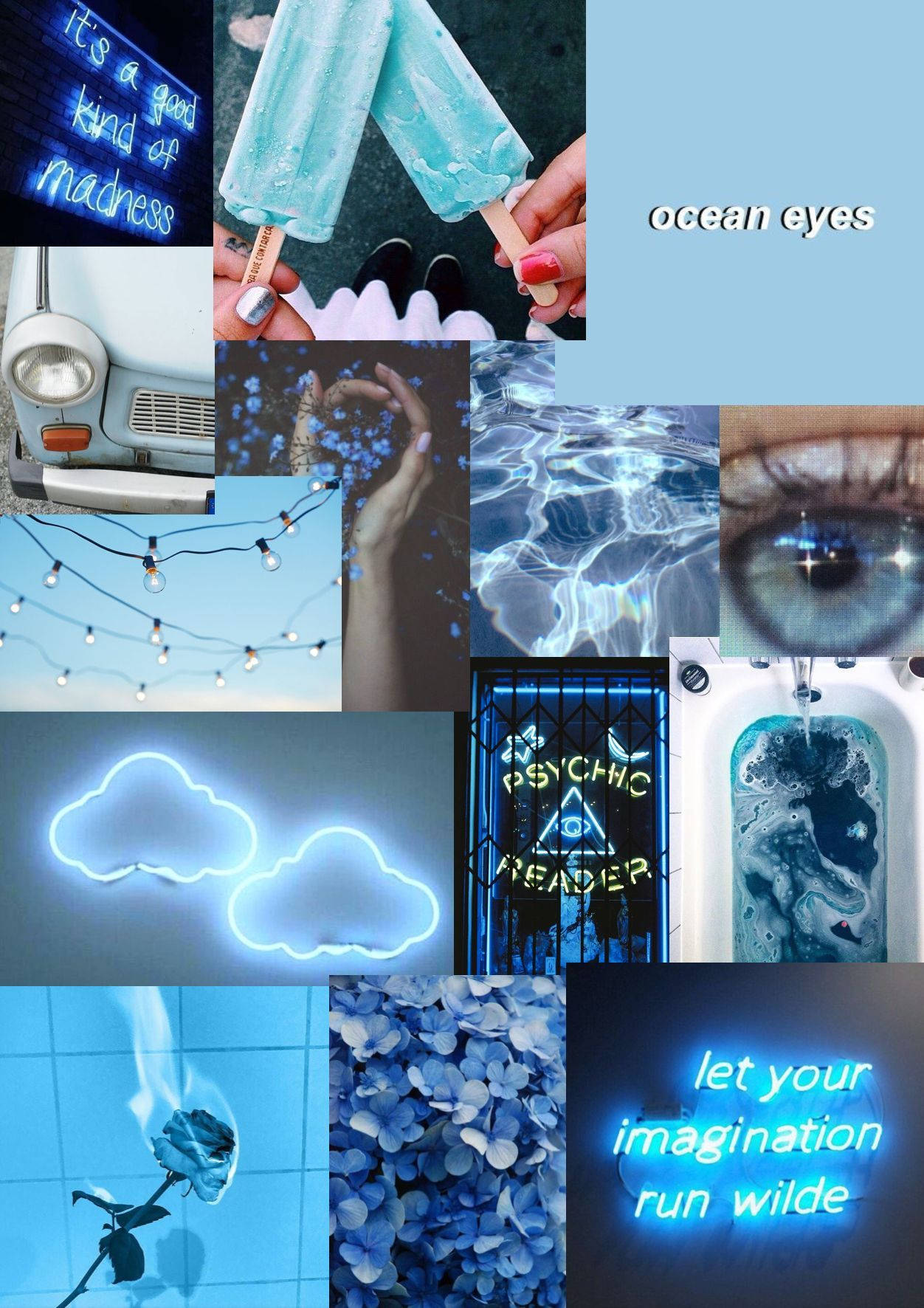 Cute Blue 桌布 壁紙 — 夢幻藍色調拼貼畫，包含霓虹燈牌、海洋之眼、冰棒、串燈和帶有漩渦水的浴缸。