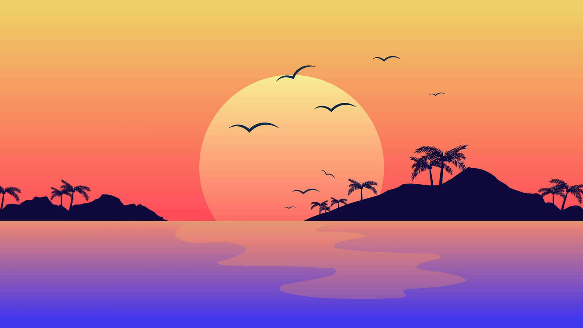 熱帶日落，棕櫚樹和鳥兒在平靜的海面上飛翔。