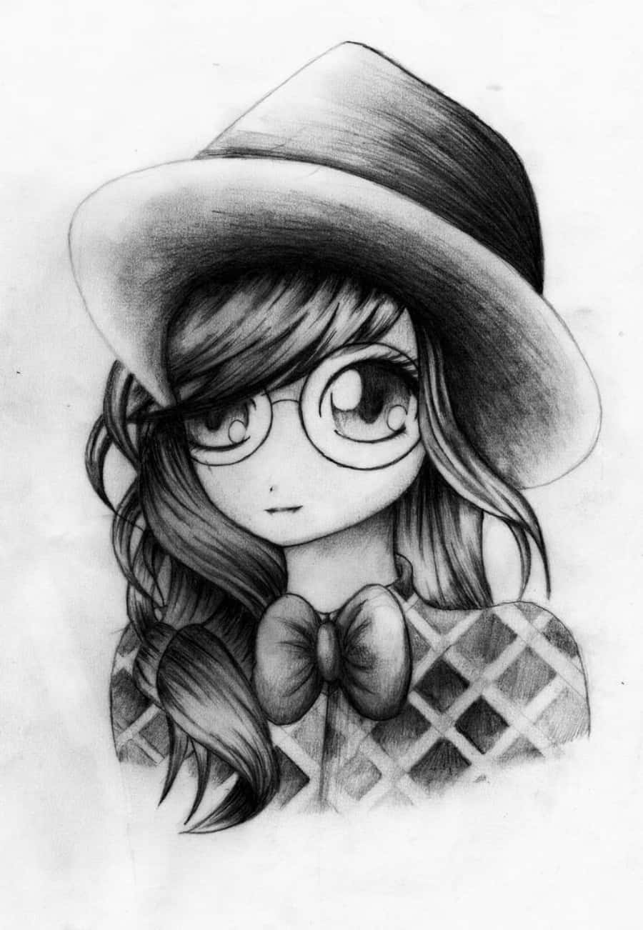 夢幻表情的動漫少女 壁紙 — 一幅詳細的鉛筆素描，描繪一位戴著寬邊帽和眼鏡、擁有大眼睛的年輕女孩。