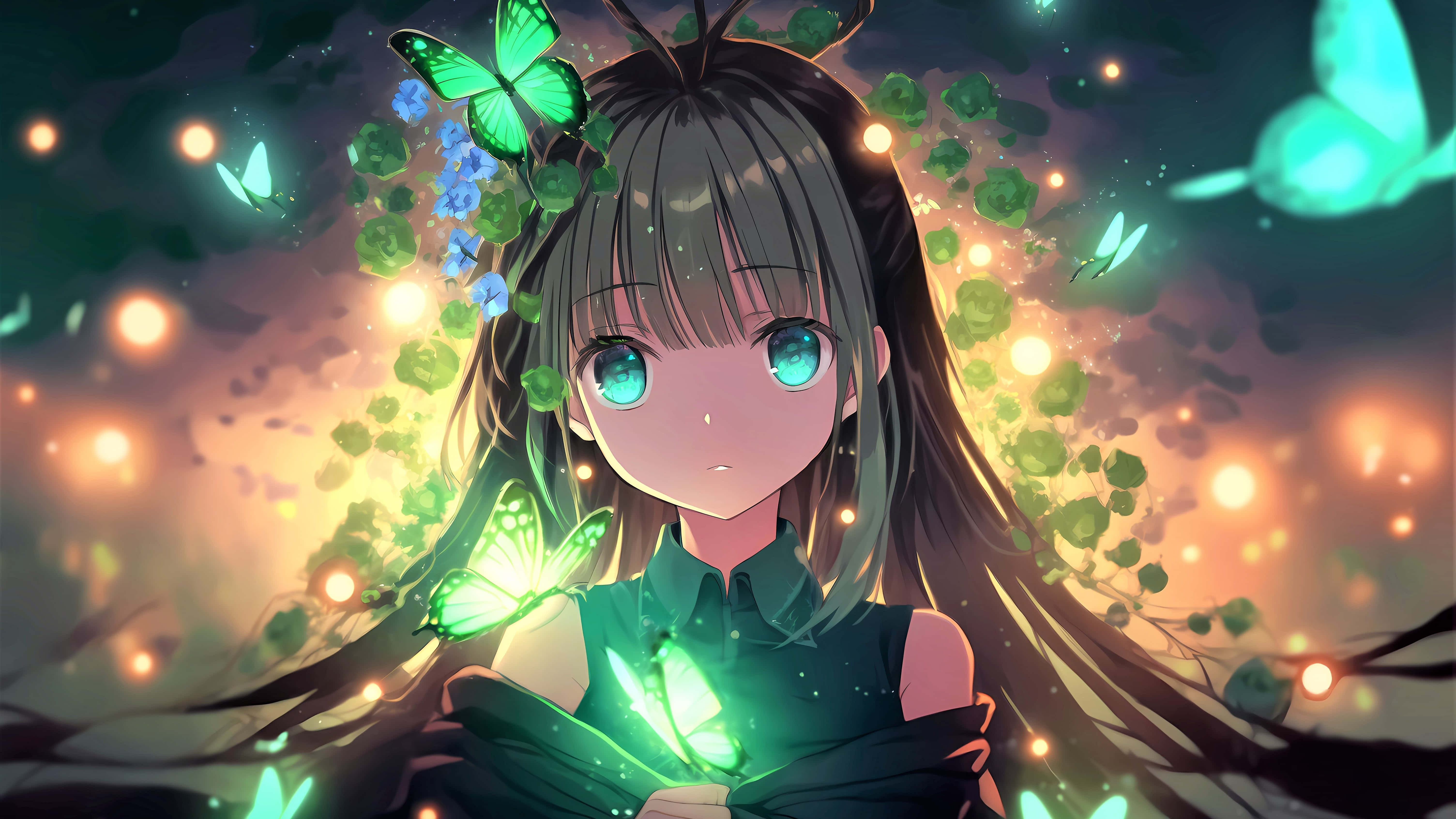 夢幻表情的動漫少女 壁紙 — 一個發光的動漫女孩，擁有藍綠色眼睛和綠色蝴蝶，漂浮在閃爍的光芒和飄浮的花朵之間。