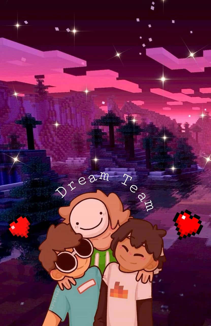 三個微笑的朋友在像素化的Minecraft世界中擁抱，有發光的心形和星星。
