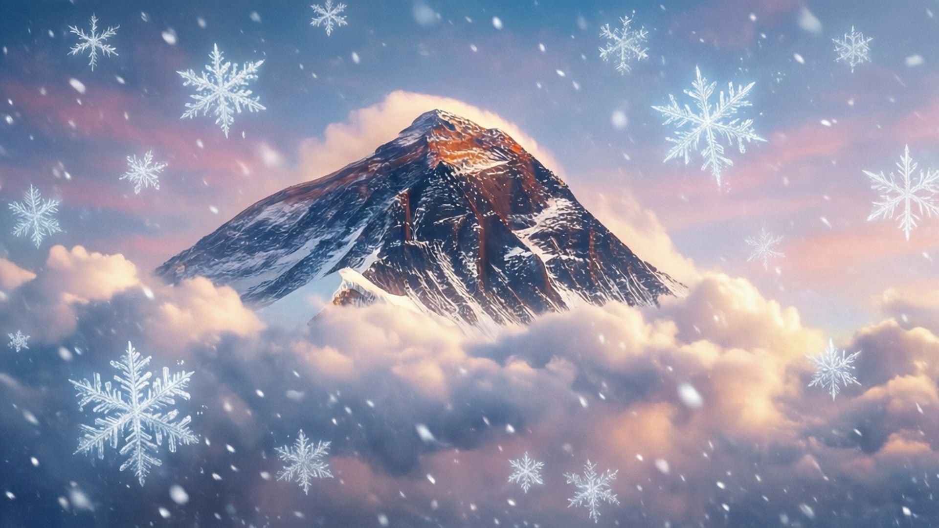 夢幻雲上馳 壁紙 — 一座雄偉的雪山峰穿過蓬鬆的雲層，發光的雪花在暮色天空中飄蕩。