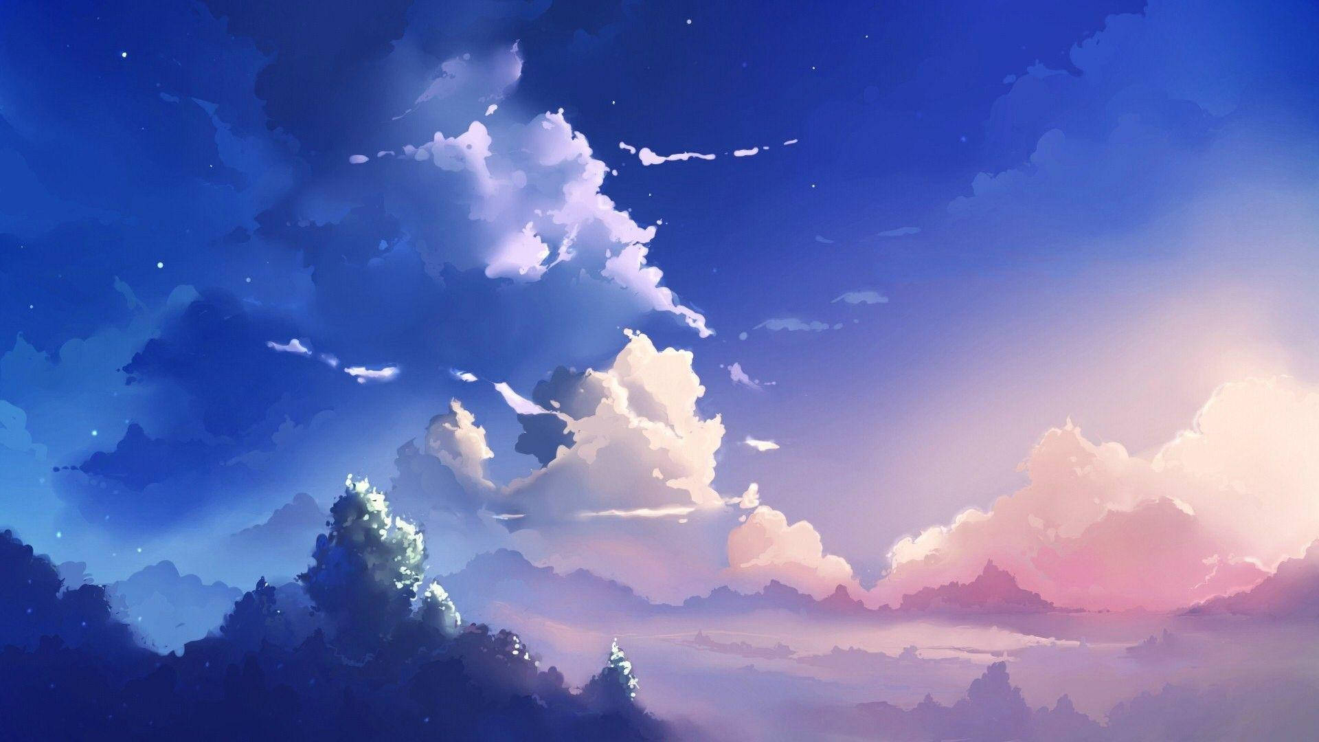 夢幻雲朵動漫筆電壁紙 壁紙 — 寧靜的暮色天空，柔和的粉紅色和藍色雲彩在繁星點點的天空下閃耀在霧氣籠罩的山巒之上。