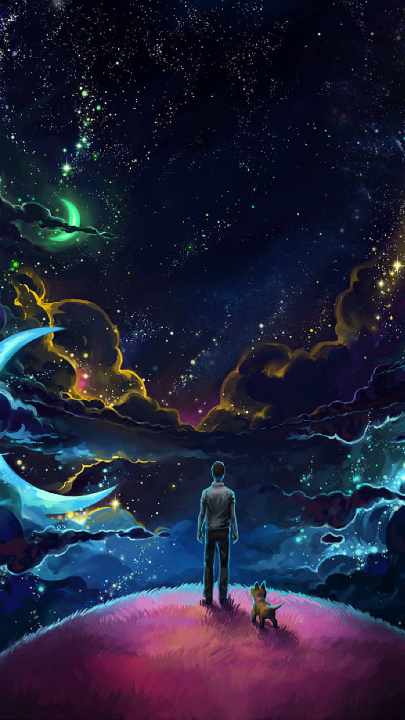 男人和狗在發光的山上，在繁星點點的宇宙天空下，有色彩繽紛的星雲和新月。