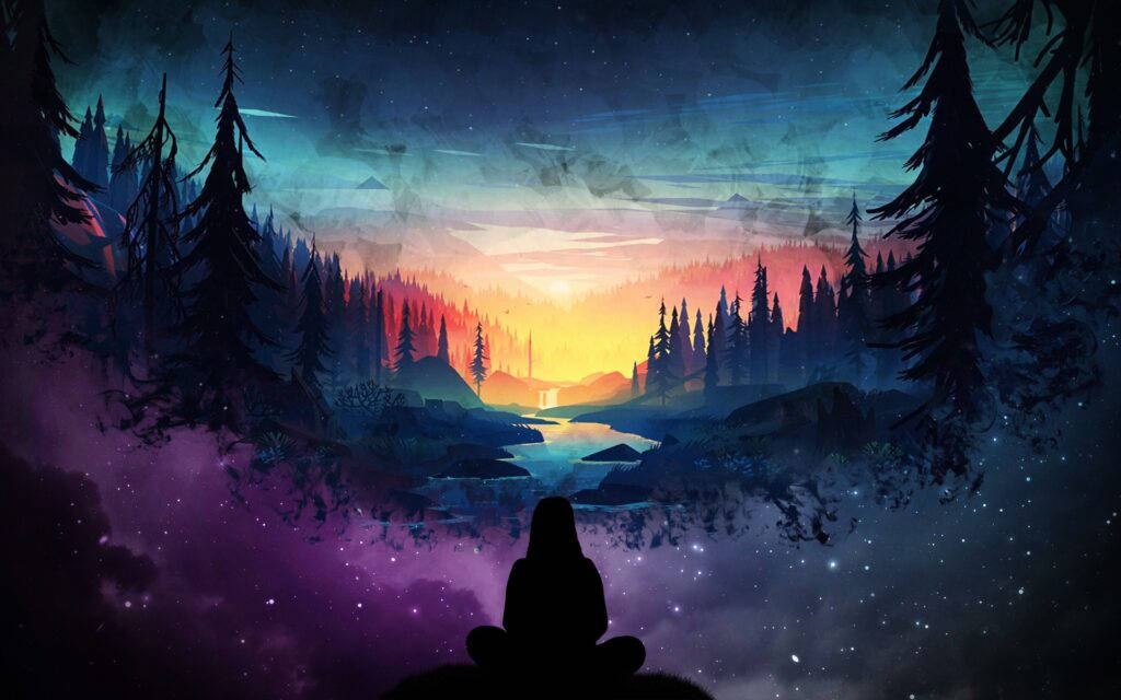 夢幻風景美學藝術桌面壁紙 壁紙 — 一個孤獨的身影在星空暮色下以剪影冥想，一條發光的河流蜿蜒穿過松樹林。