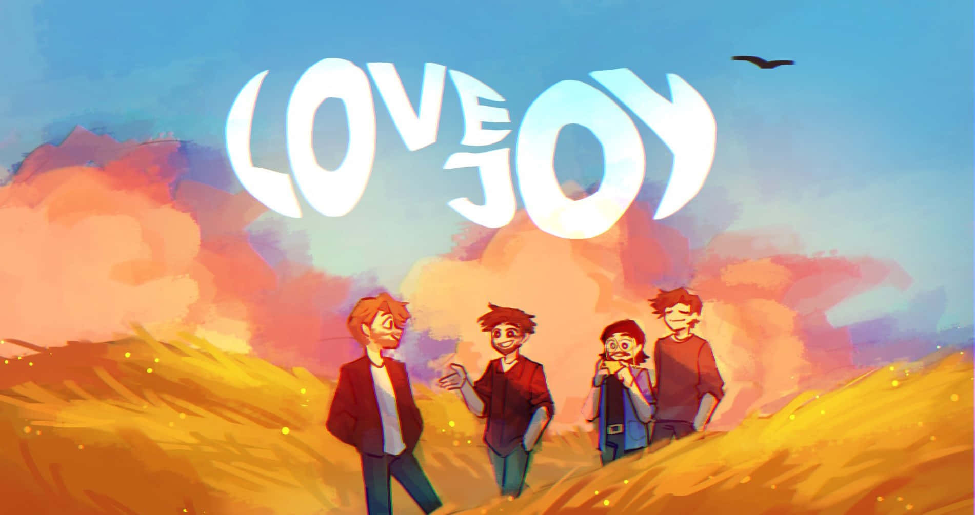 四個微笑的朋友在金色田野上，日落天空下，上方閃耀著「LOVE & JOY」。