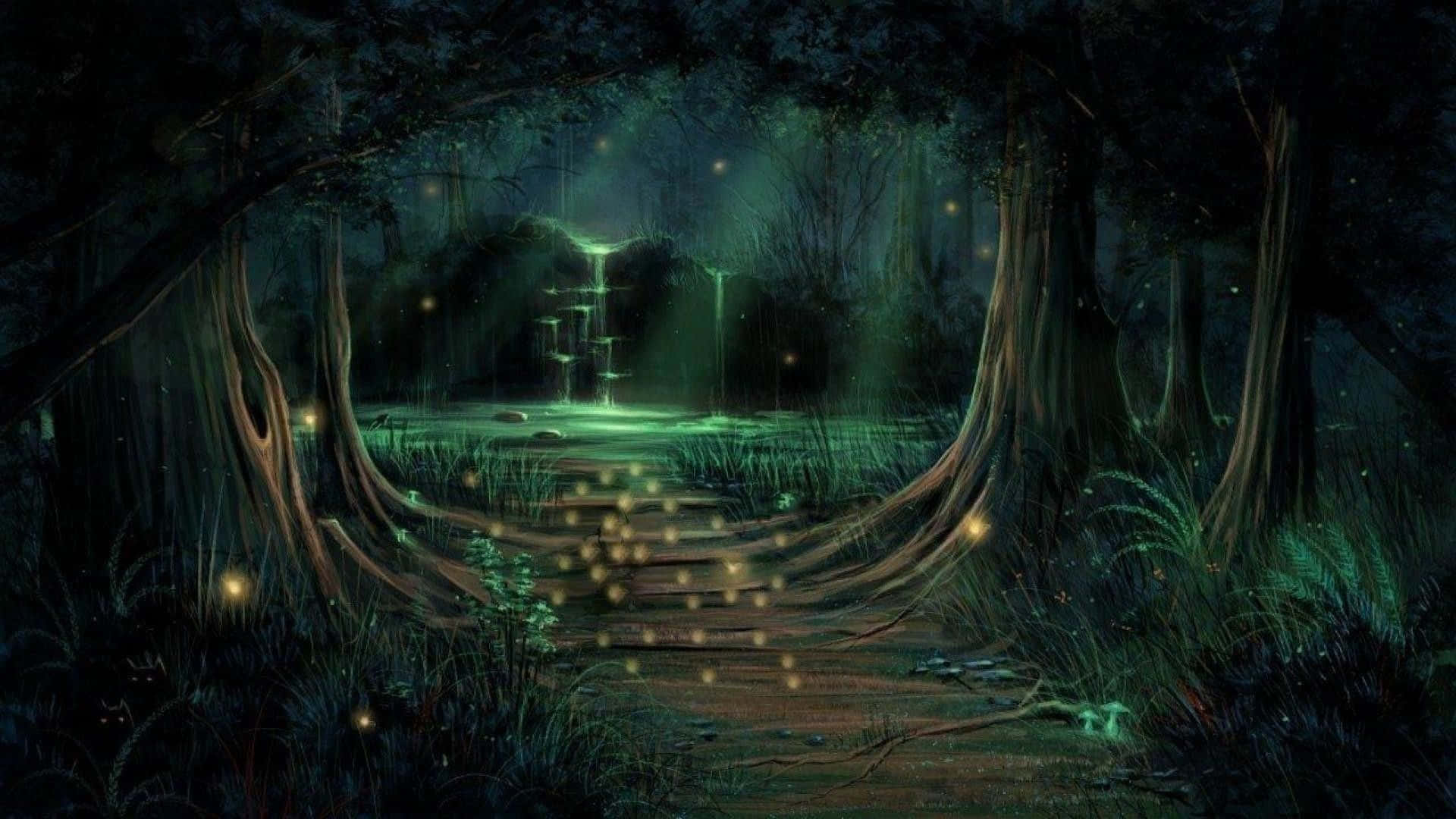 夢想中的你 壁紙 — 一條神秘森林小徑散發著生物發光的光芒，通往黑暗樹冠下閃閃發光的瀑布。