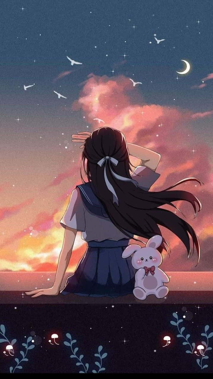 穿著校服的女孩與毛絨兔子在黃昏時觀看星星和月亮。