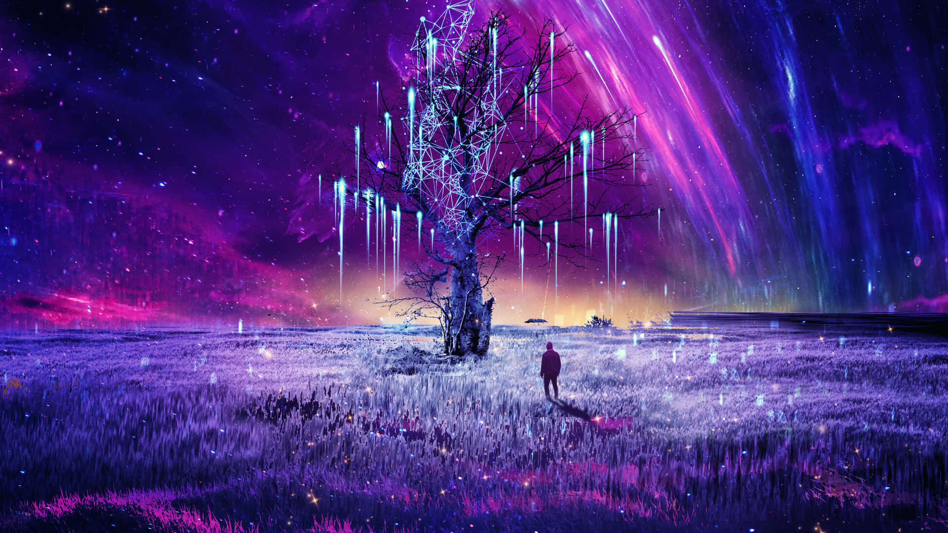 在充滿活力的極光天空下，一個人在有霓虹樹的發光田野中行走。