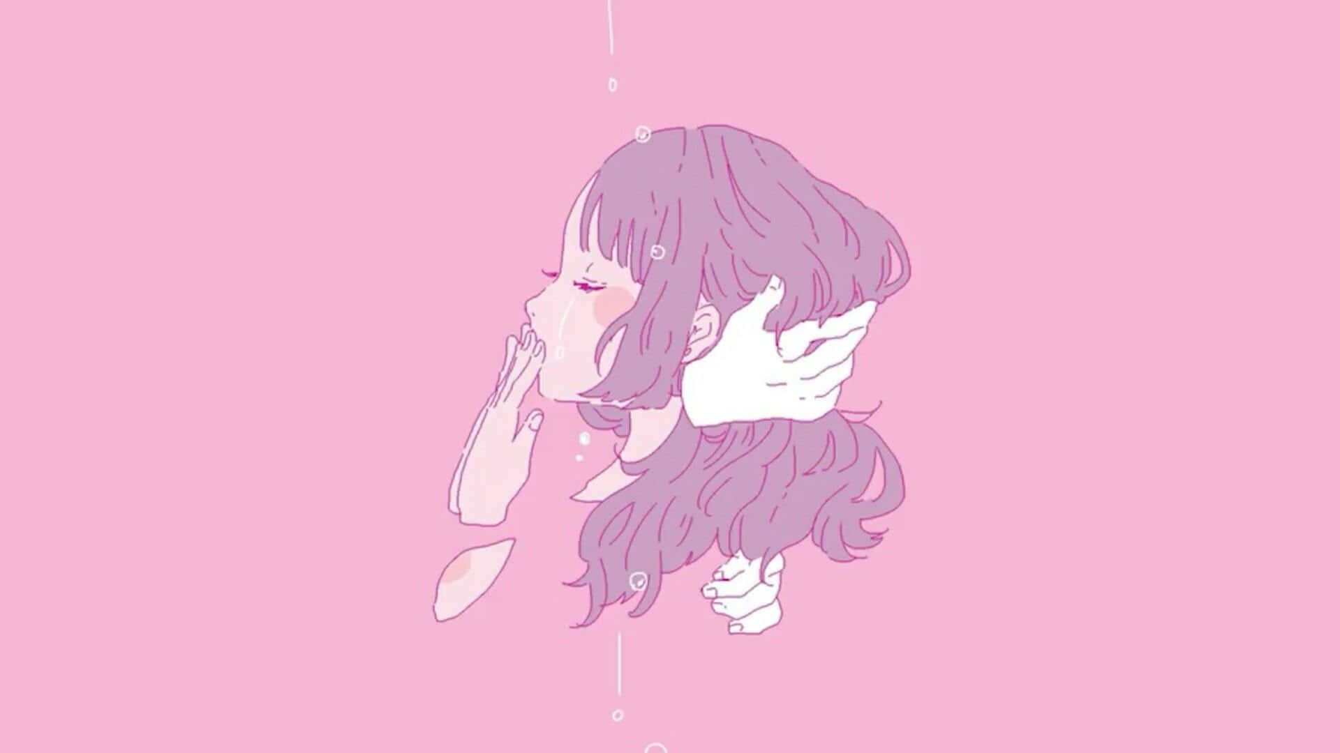 夢想你渴望的生活 壁紙 — 一位精緻的動漫女孩，紫色頭髮，在柔和的粉紅色背景上輕輕漂浮，雙手靠近臉龐，姿態寧靜。