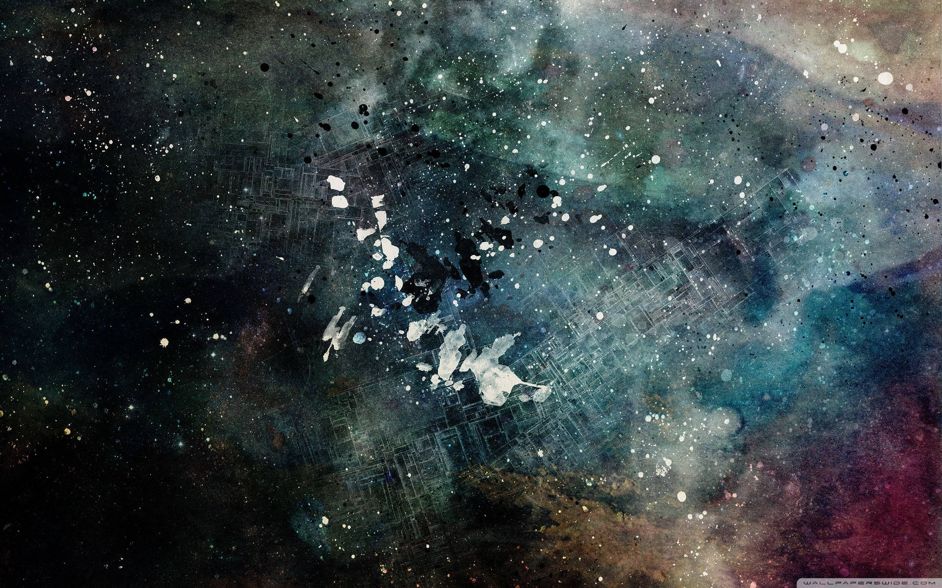 黑暗的宇宙星雲，帶有青紫色雲層和散落的星星，覆蓋著白色油漆飛濺。