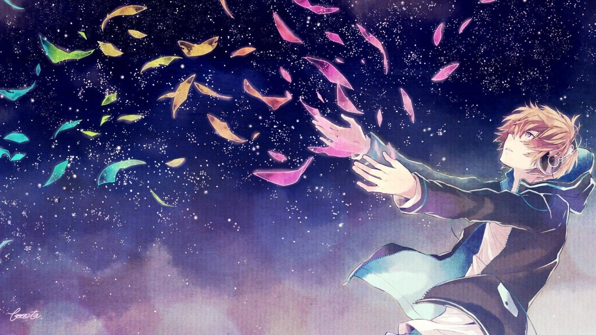 動漫男孩在繁星點點的夜空中捕捉發光的樹葉