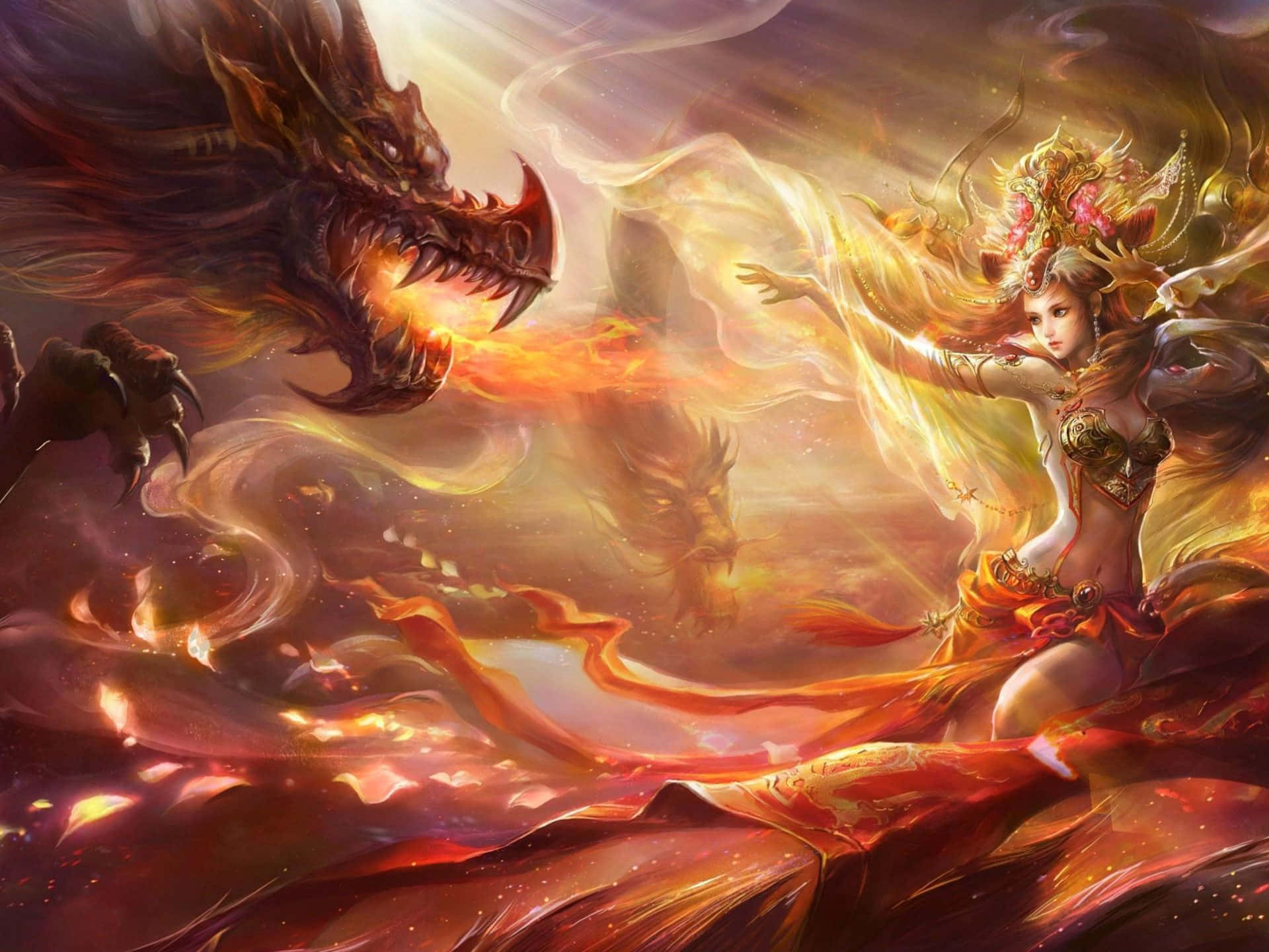 身穿金色盔甲的女神在魔法火焰中與火龍戰鬥。