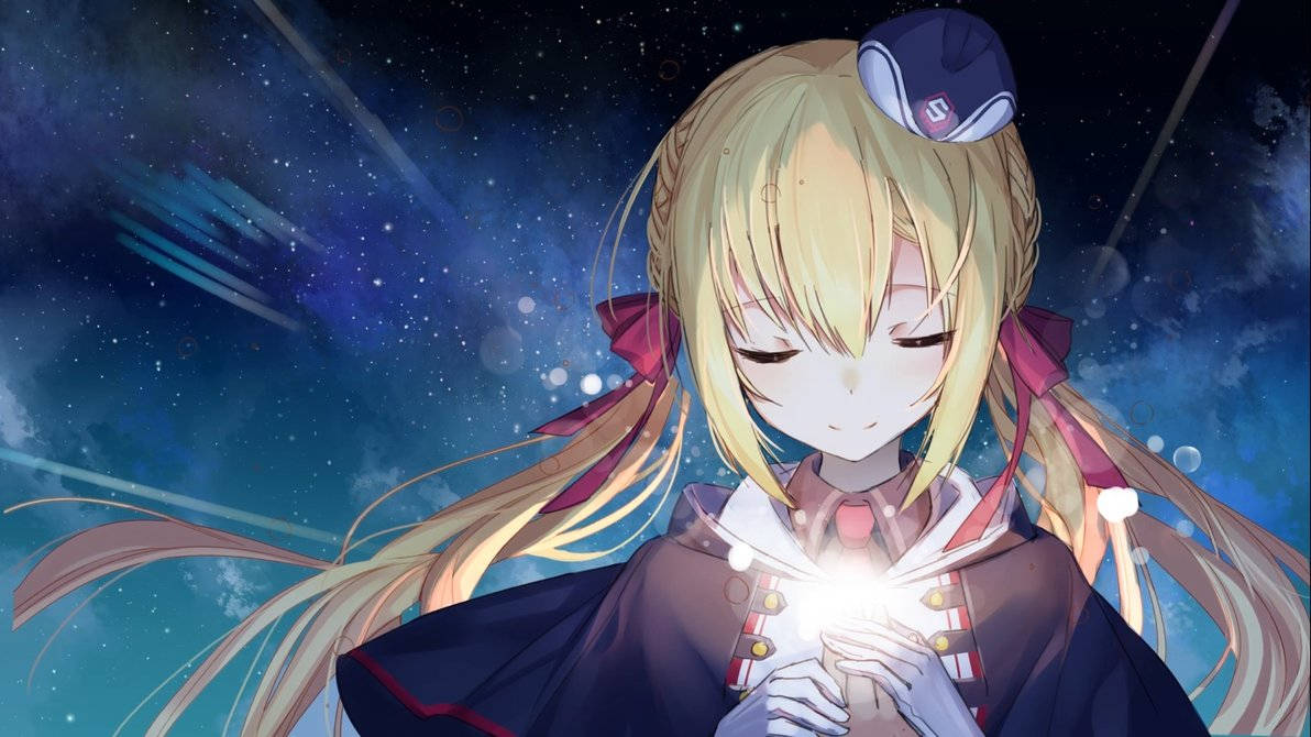 金發動漫女孩在星空宇宙中手持發光球體