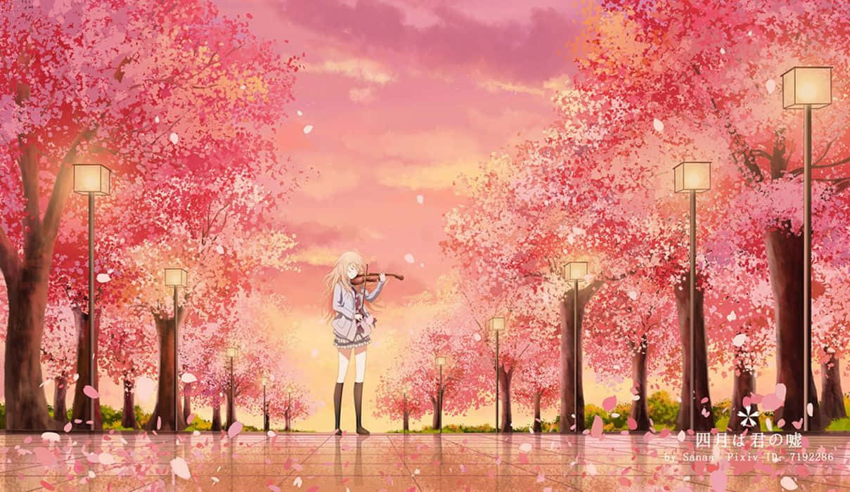 夢想無限，探索想像力——迷人粉紅動漫背景 壁紙 — 一個孤獨的動畫女孩在盛開的櫻花樹下演奏小提琴，粉紅色的花瓣在溫暖的夕陽餘暉中飄揚。