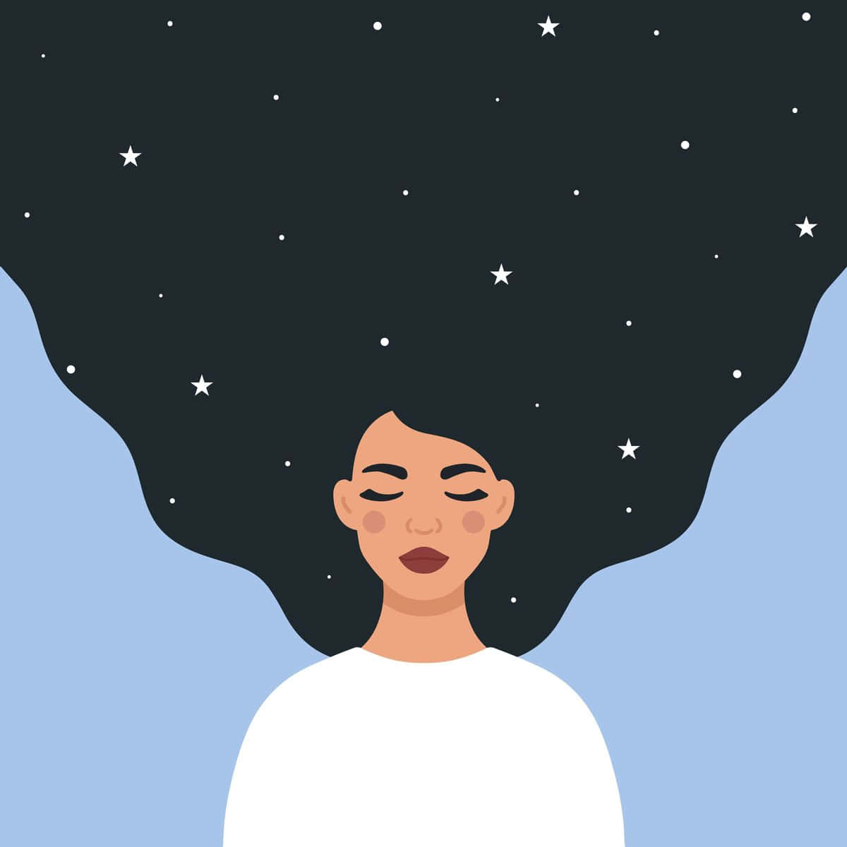 夢想無限大 壁紙 — 一位寧靜的女性，頭髮充滿星星，仰望柔和的藍天。