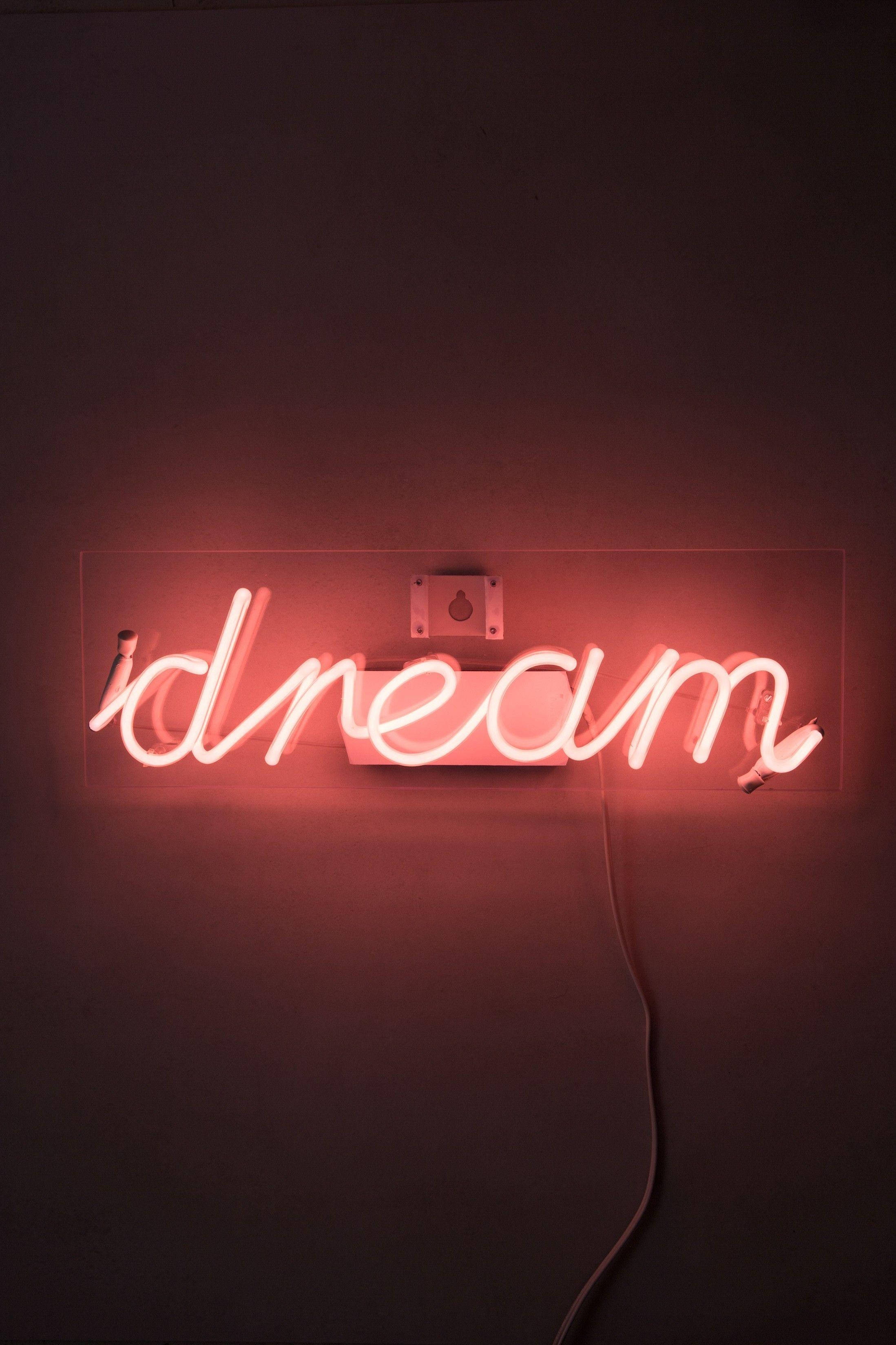 夢想紅色壞女孩 壁紙 — 一個發光的紅色霓虹燈牌，拼出「dream」，在簡約房間的暗牆上投射出溫暖的光。