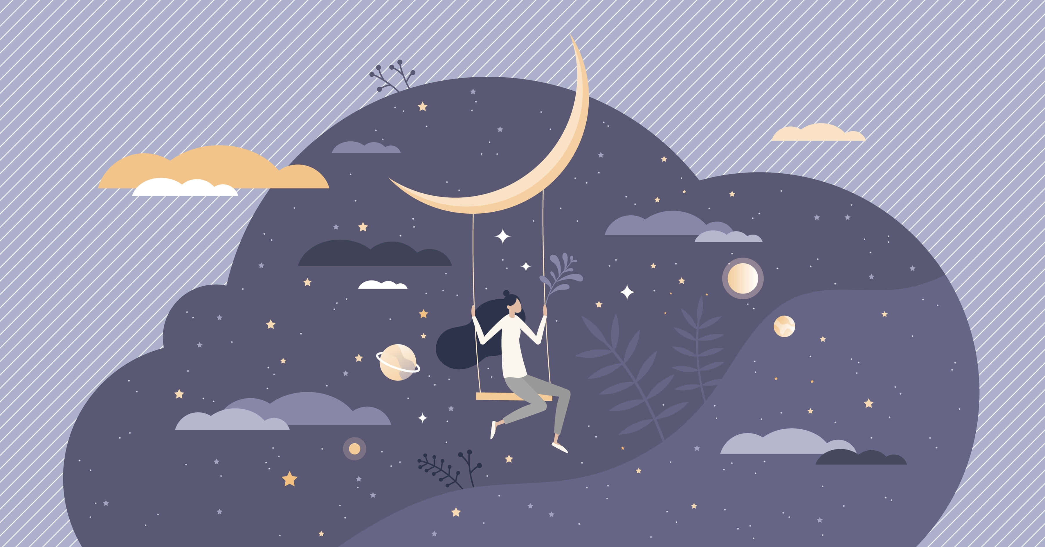 夢想能帶你到處去 壁紙 — 一個人在佈滿星星、雲朵和行星的夜空中的新月鞦韆上搖盪。