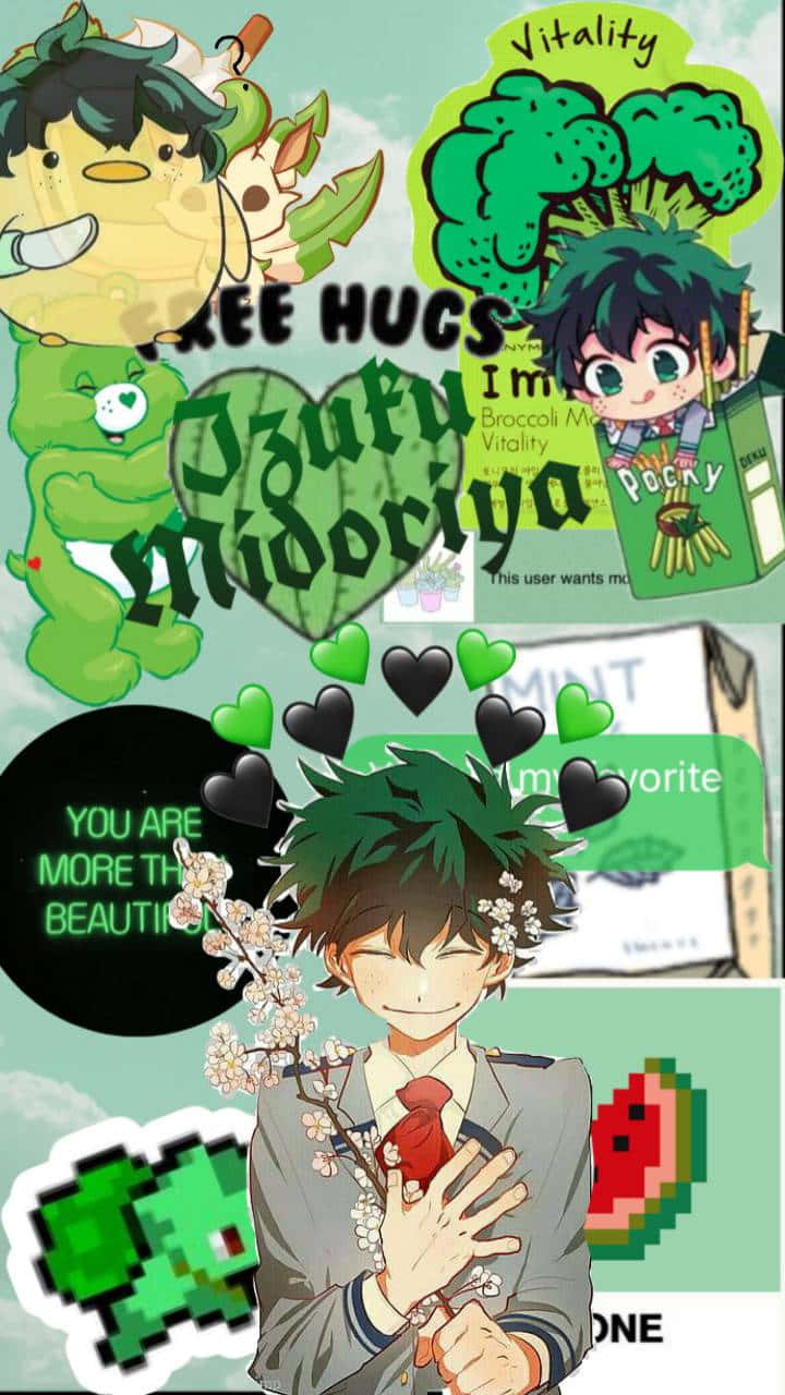 動漫男孩手持櫻花枝，周圍有西蘭花主題貼紙和像素藝術。
