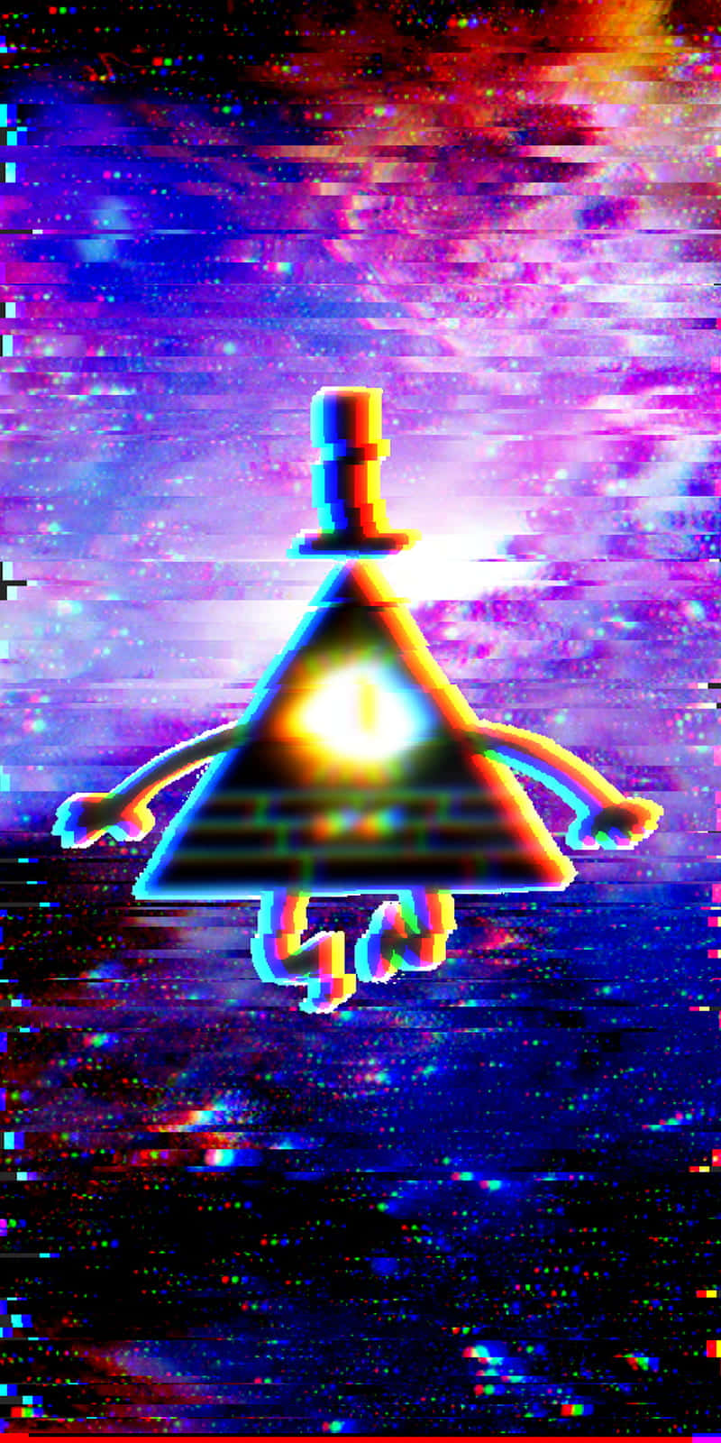 一個發光的三角形角色帶有肢體漂浮在故障的宇宙星雲中。