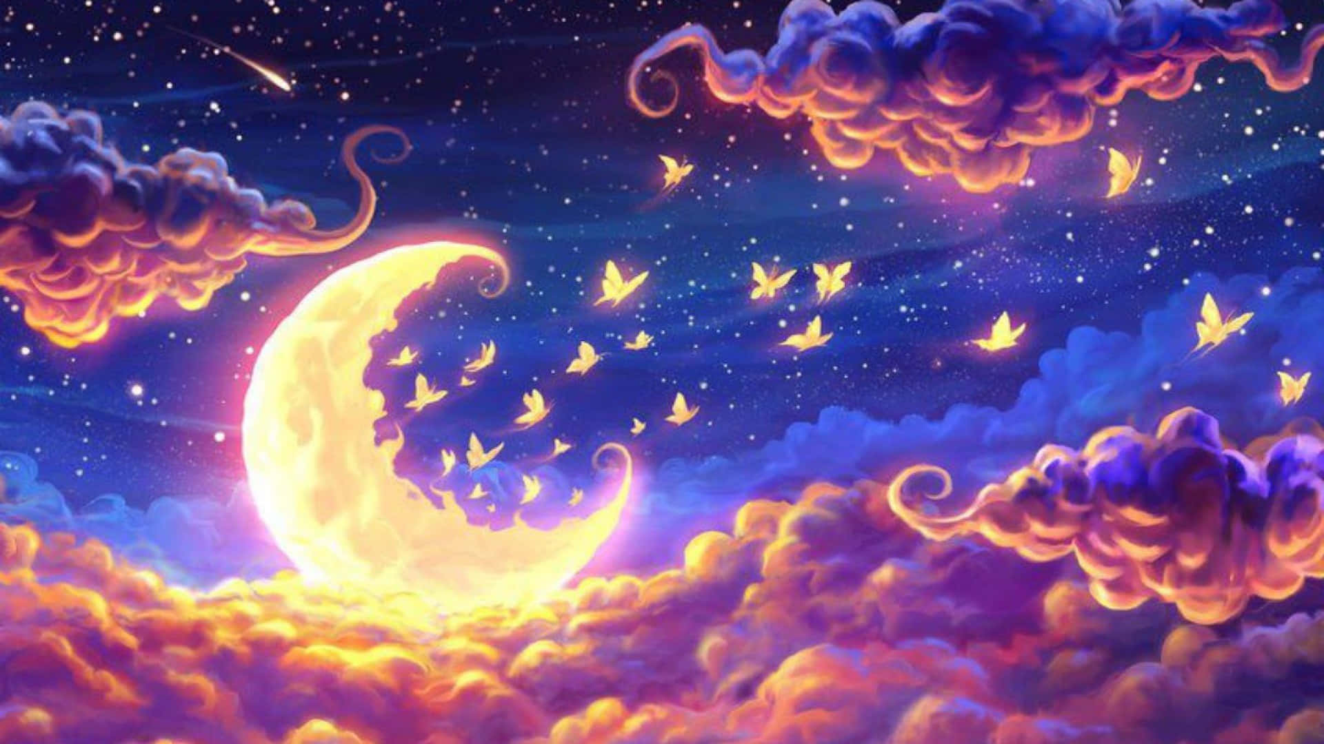 一彎新月，鳥兒在其周圍飛翔，在色彩繽紛的夜空和雲彩中。