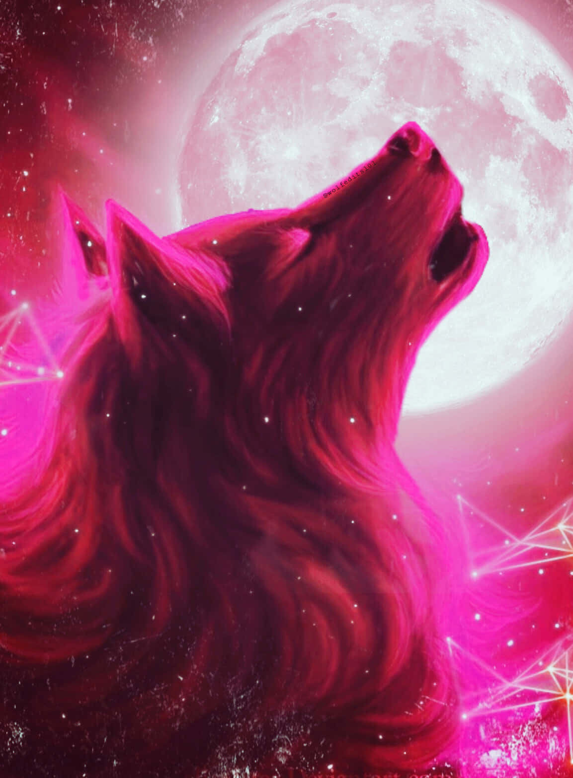 一隻粉紅色的狼在一個帶有幾何燈光的星空宇宙場景中在發光的月亮下嚎叫。