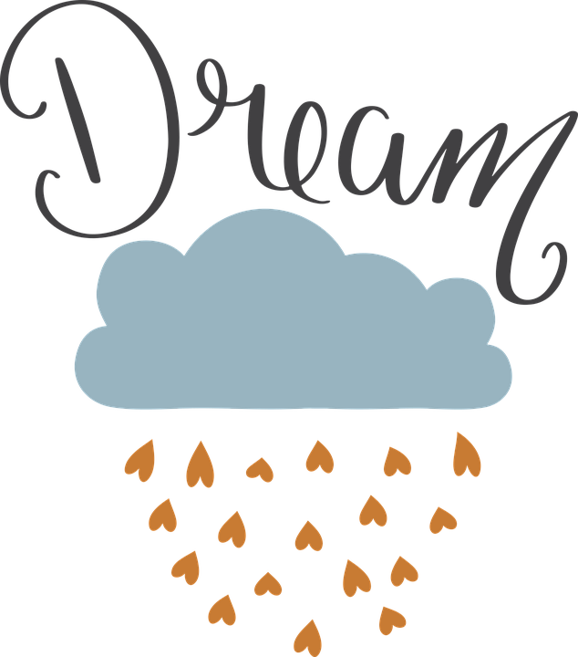 夢想雲與心形雨滴 壁紙 — 一個風格化的雲，心形從雲中落下，下方有優雅字體的「Dream」字樣。