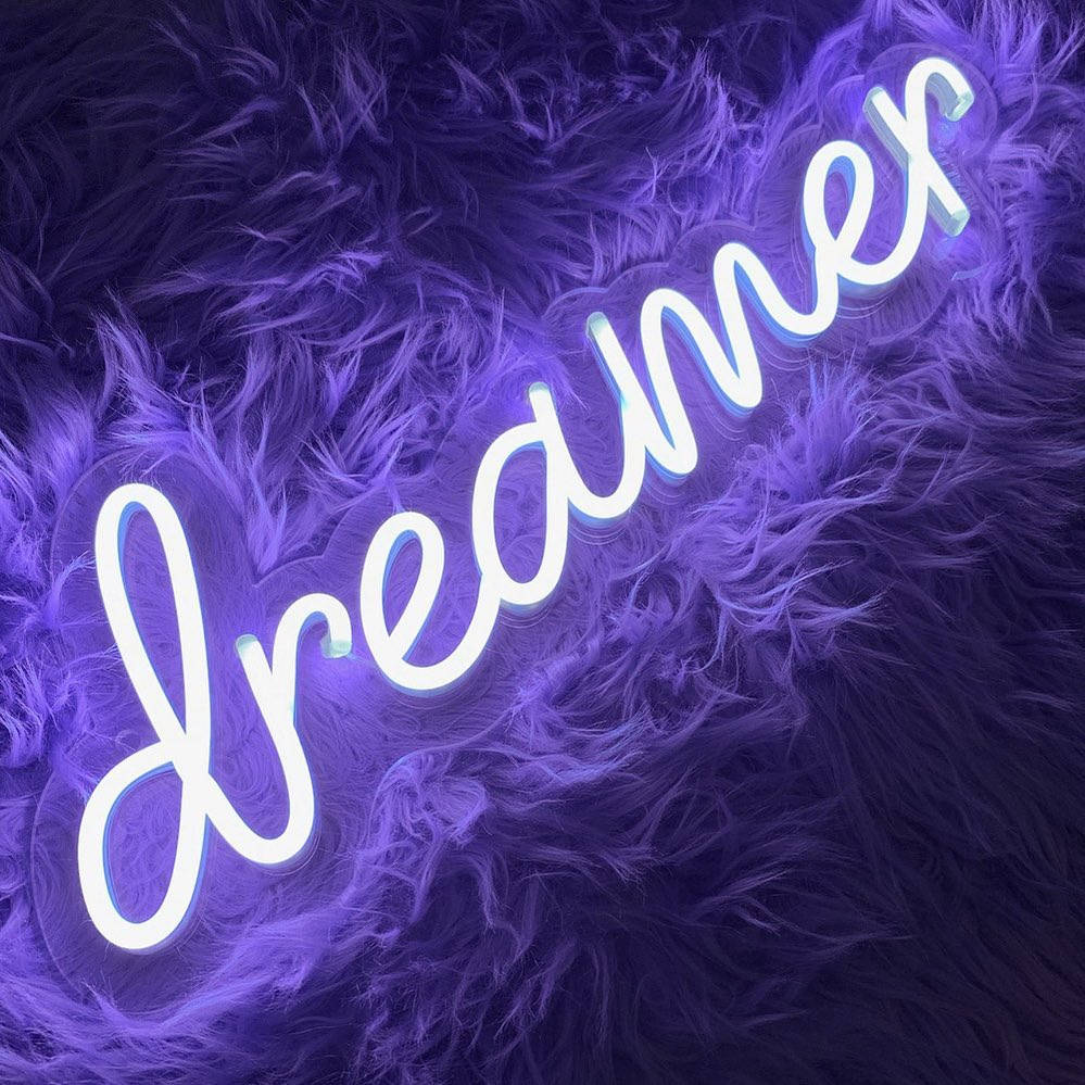 發光霓虹燈牌，上面寫著 dreamer，背景為紫色毛絨