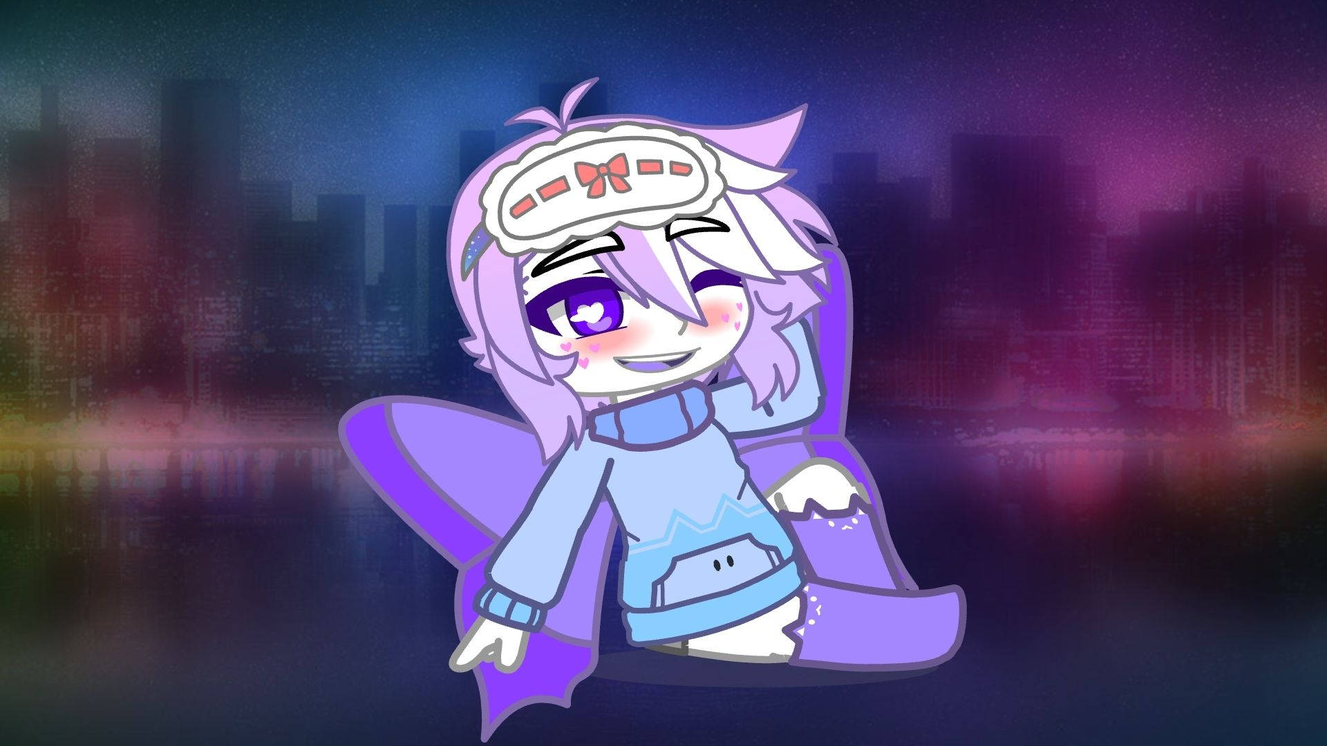 一個紫髮動漫女孩戴著睡眠眼罩，在夜晚發光的城市前微笑。