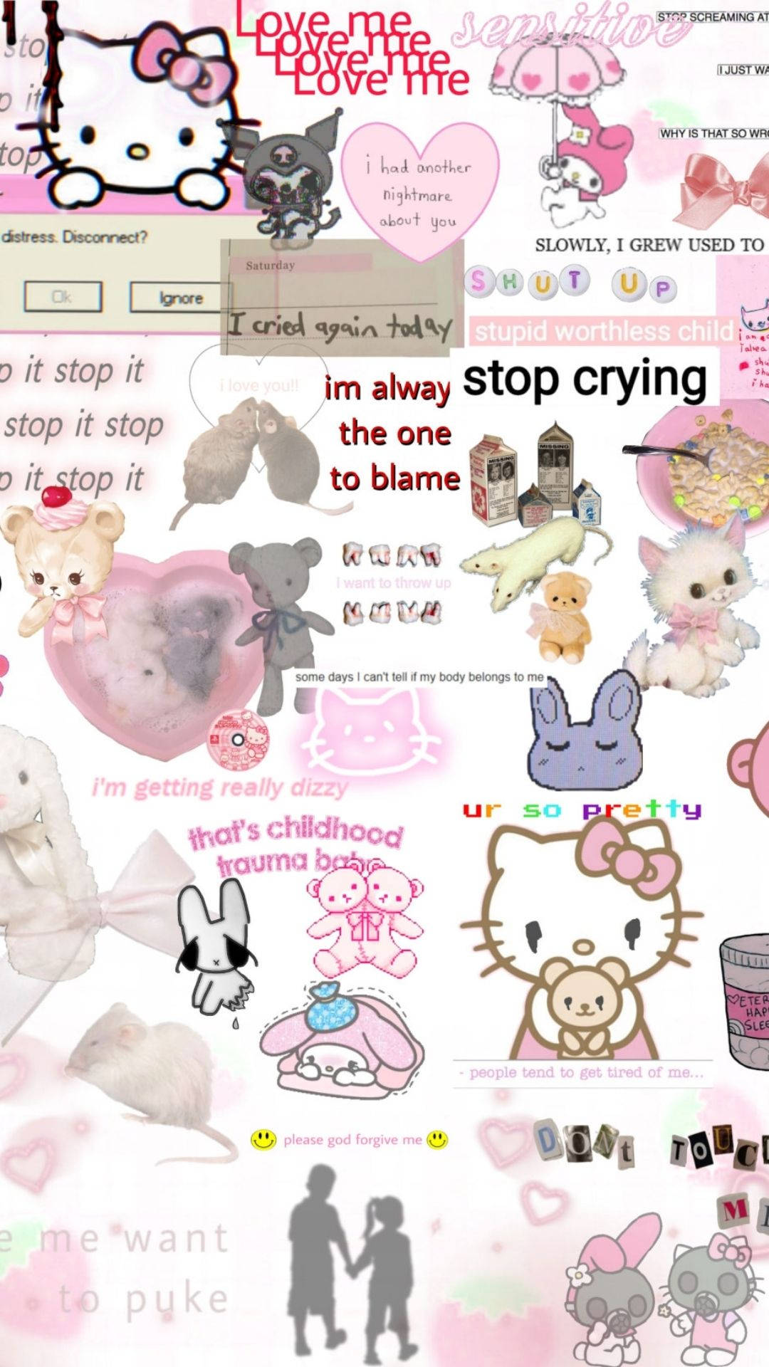 粉紅色拼貼，包含Hello Kitty、悲傷語錄和剪影。