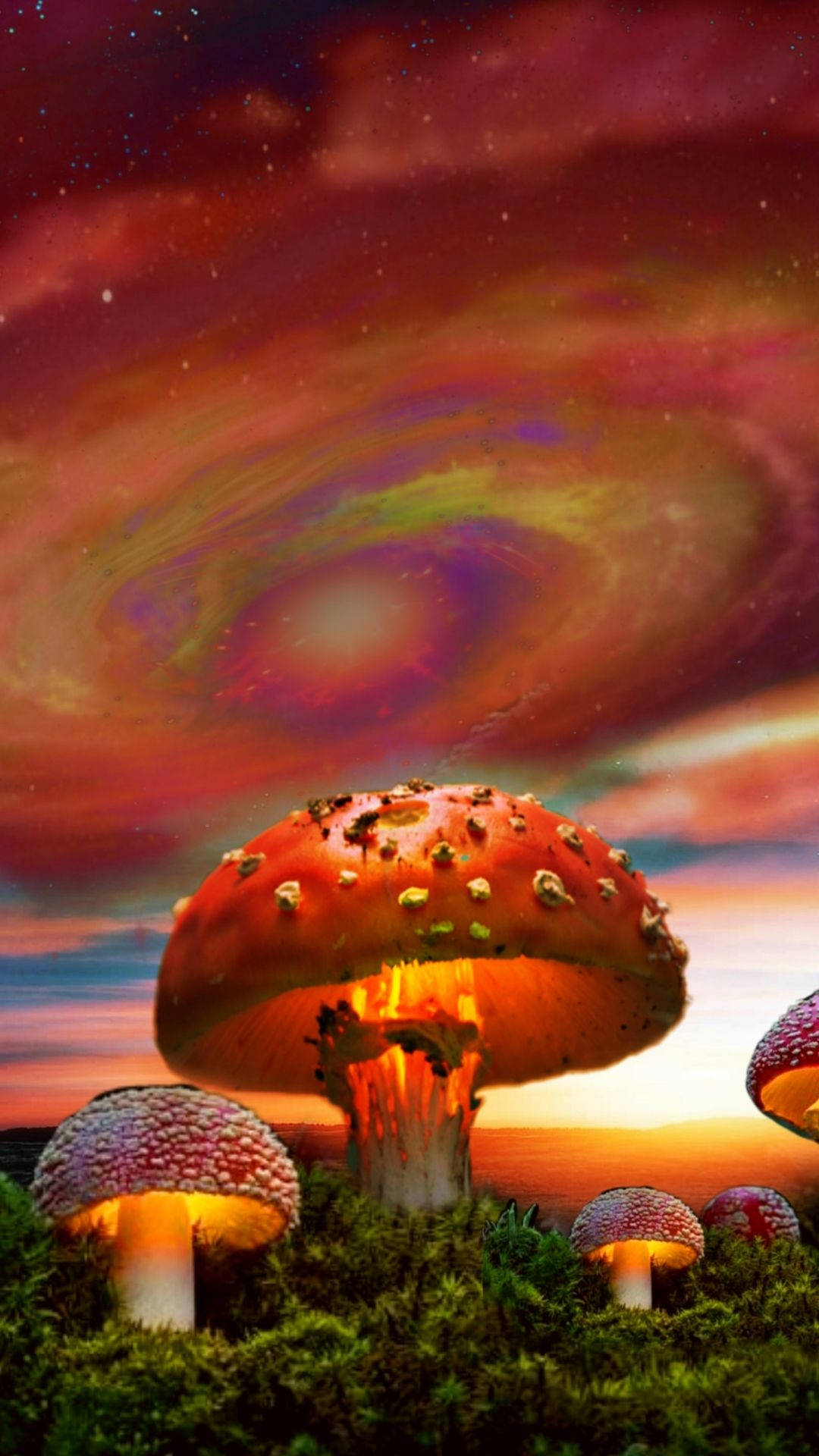 日落時分，色彩繽紛的宇宙天空下巨大的發光蘑菇。