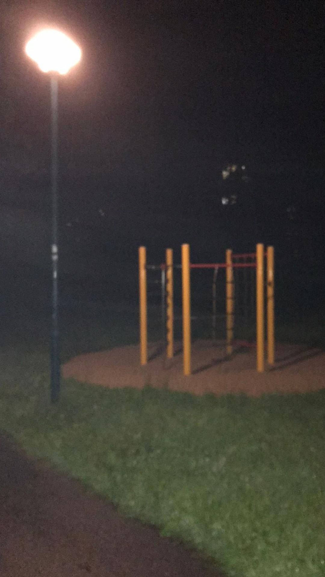單一街燈下的夜間戶外健身器材。