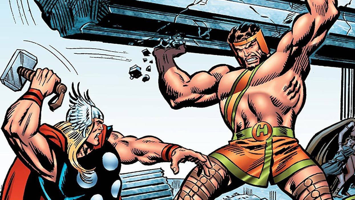 大力士漫畫版藝術圖 壁紙 — Thor 揮動他的錘子向 Hulk 攻擊，而 Hulk 則舉起一根巨大的鋼樑在頭頂，構成一個動態的漫畫風格戰鬥場景。