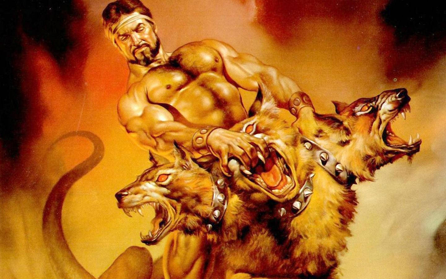 大力神戰鬥三頭犬刻耳柏洛斯 壁紙 — 一個戴著頭帶的肌肉男騎著一隻咆哮的三頭地獄犬，背景是火熱的橙色和黑色。