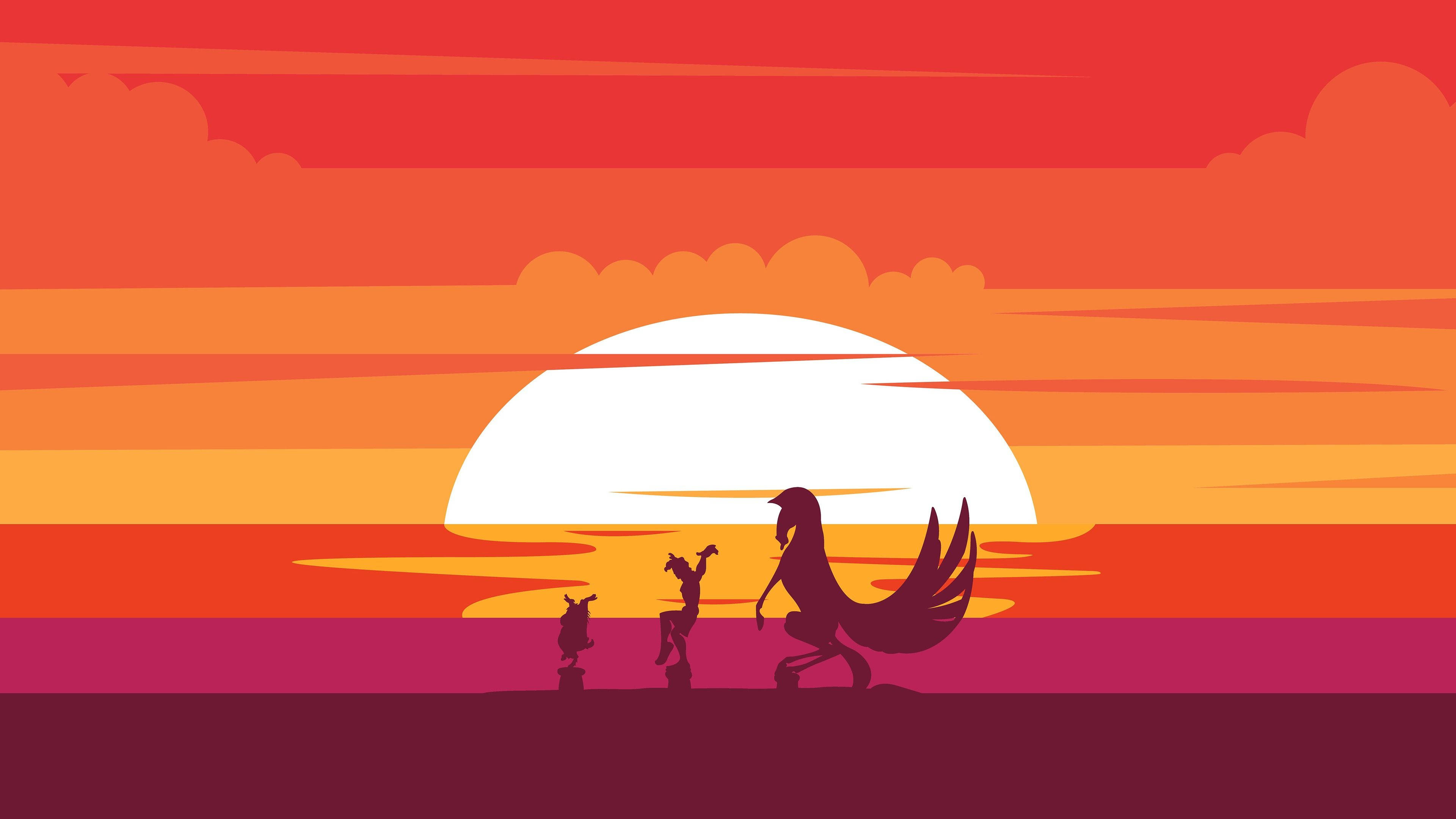 大力神與夕陽 壁紙 — 剪影人物和一個有翼生物站在巨大的夕陽前，天空呈現火紅、橙色和紫色的漸變。