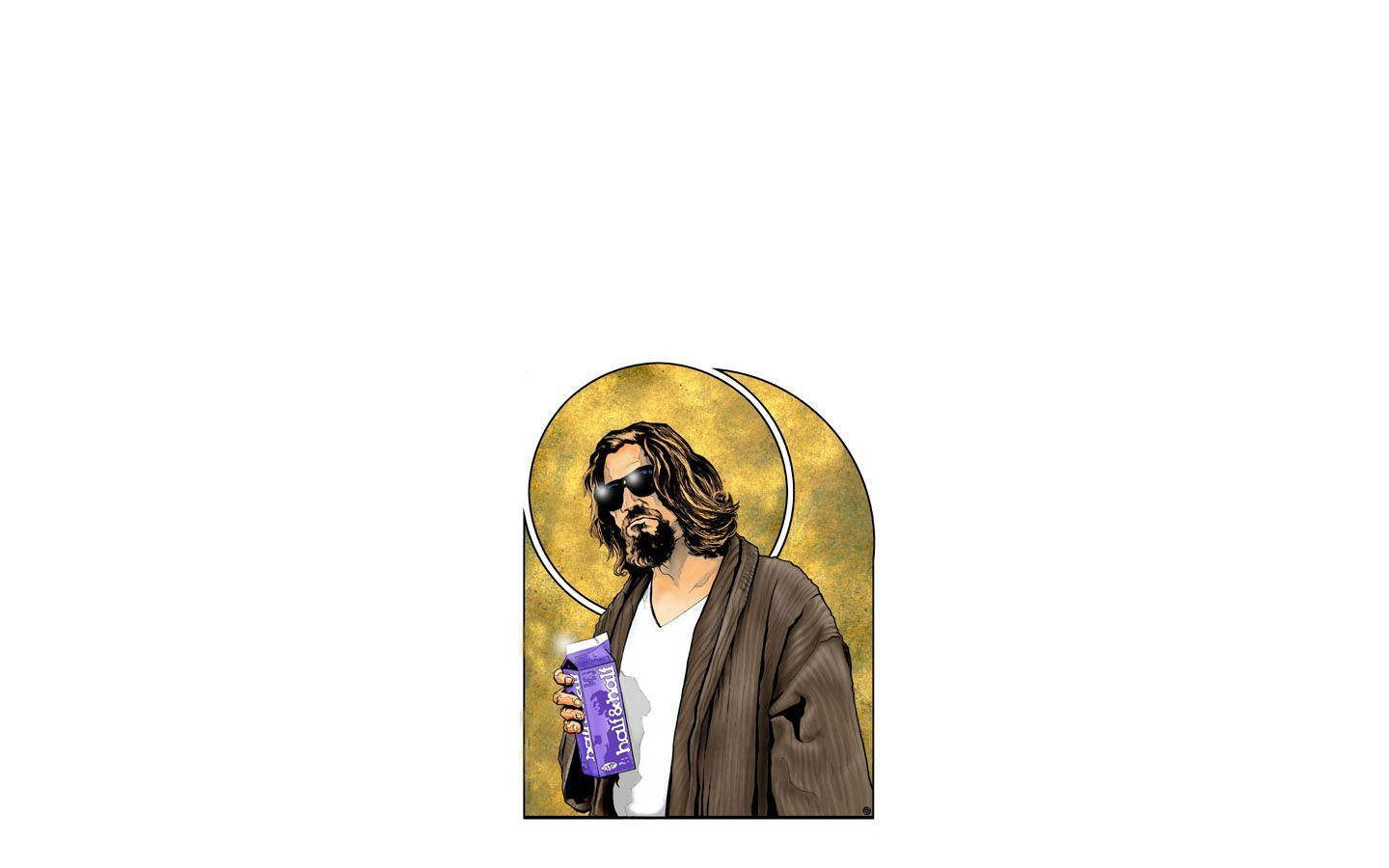 戴太陽眼鏡和留鬍鬚的男子，在金色光環下手持紫色飲料罐。