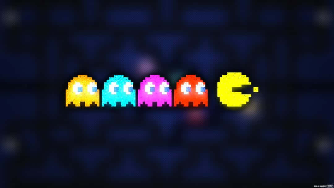 Pacman 與四個鬼魂，像素化復古電子遊戲風格。