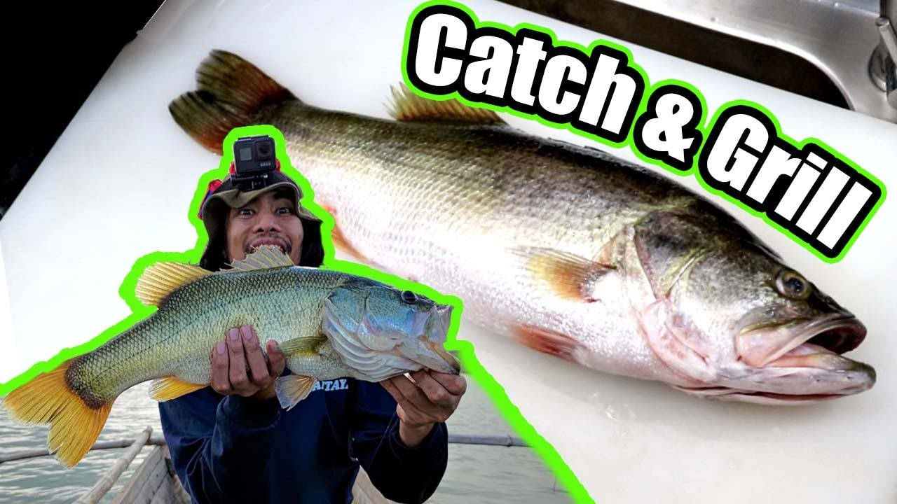 大口黑鲈魚釣獲縮圖 壁紙 — 一位微笑的漁夫自豪地拿著一條大鱸魚，旁邊有一條更大的魚，白色背景上有粗體的「Catch & Grill」文字。